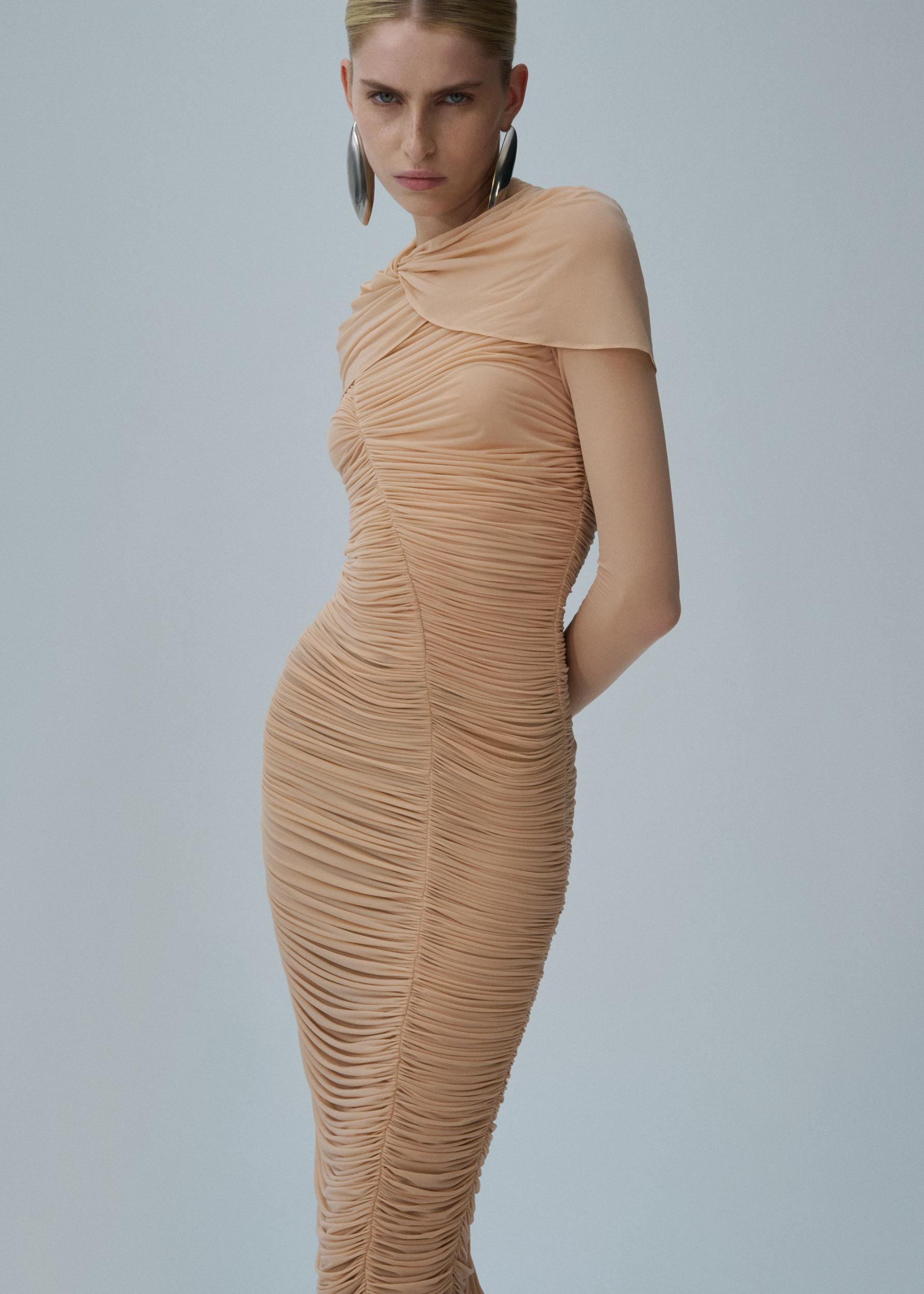 Draped high neck midi dress in beige Product Image