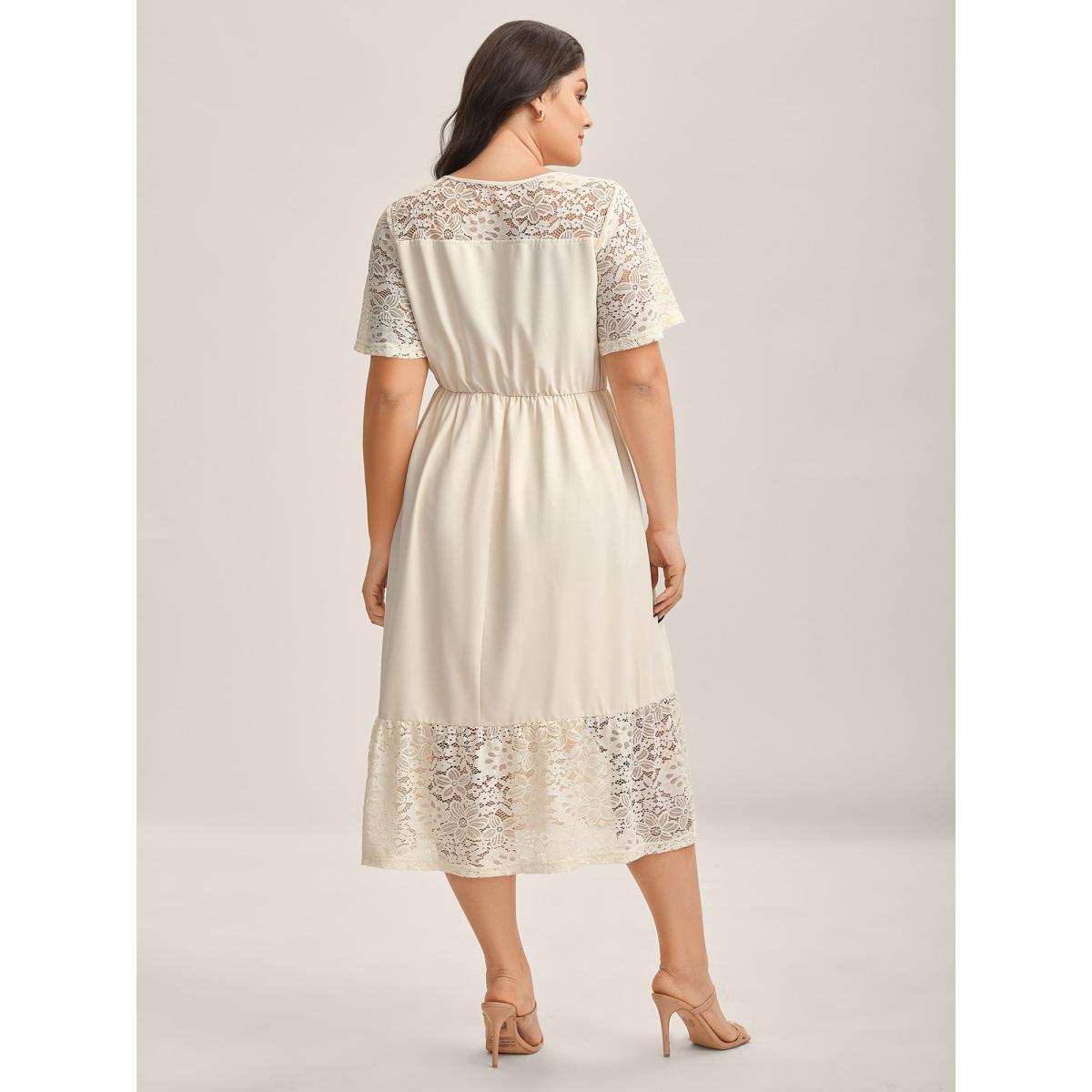 Plus Size Sheer Lace Pockets Solid Midi Dress Apricot Women V-neck Short sleeve Curvy BloomChic 22-24/3X Product Image