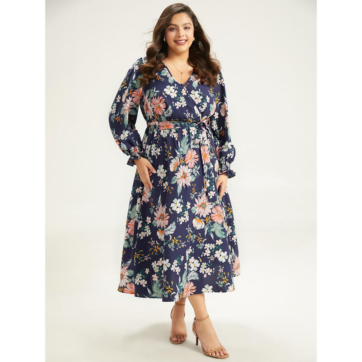 Plus Size Floral Print Overlap Collar Shirred Dress DarkBlue Women Elegant Belted V-neck Long Sleeve Curvy Midi Dress BloomChic 14-16/1X Product Image