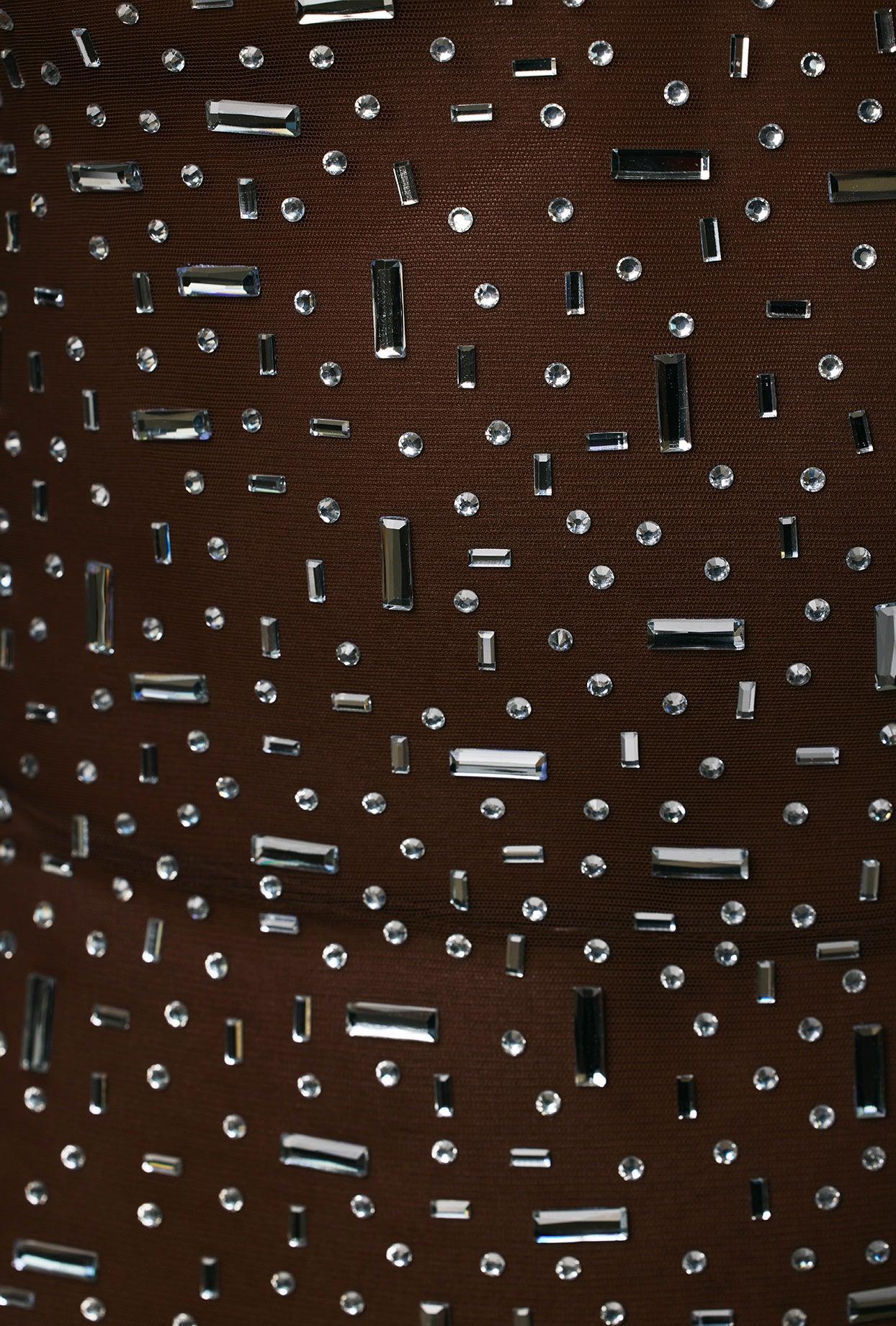 Sheer Embellished High Neck Evening Gown in Deep Cocoa Product Image