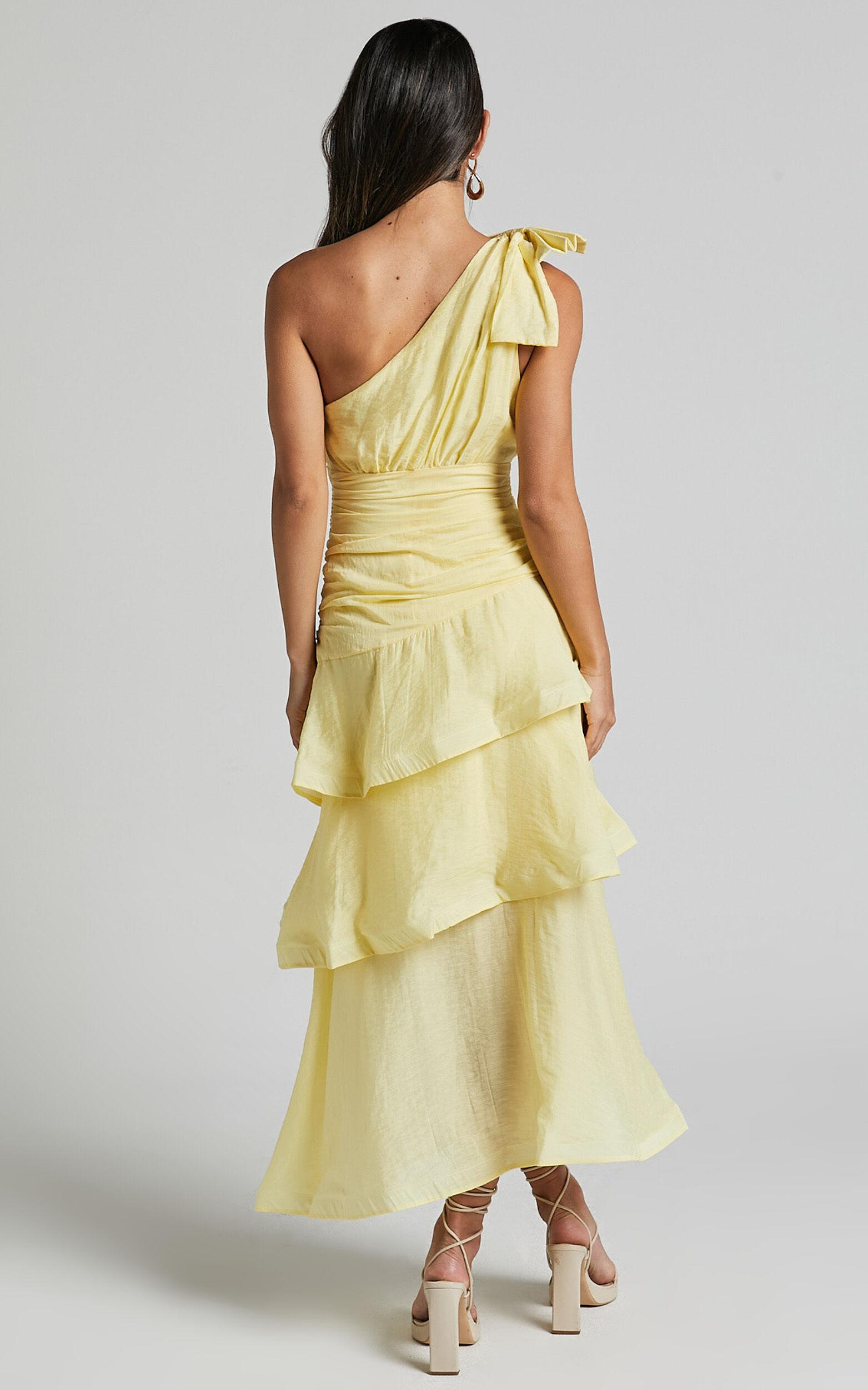 Eugenia Midi Dress - One Shoulder Fit and Flare Layered Dress in Yellow Product Image