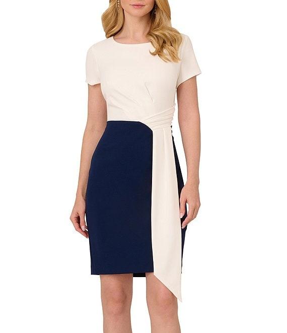 Adrianna Papell Crew Neck Short Sleeve Two Tone Drape Front Crepe Sheath Dress Product Image