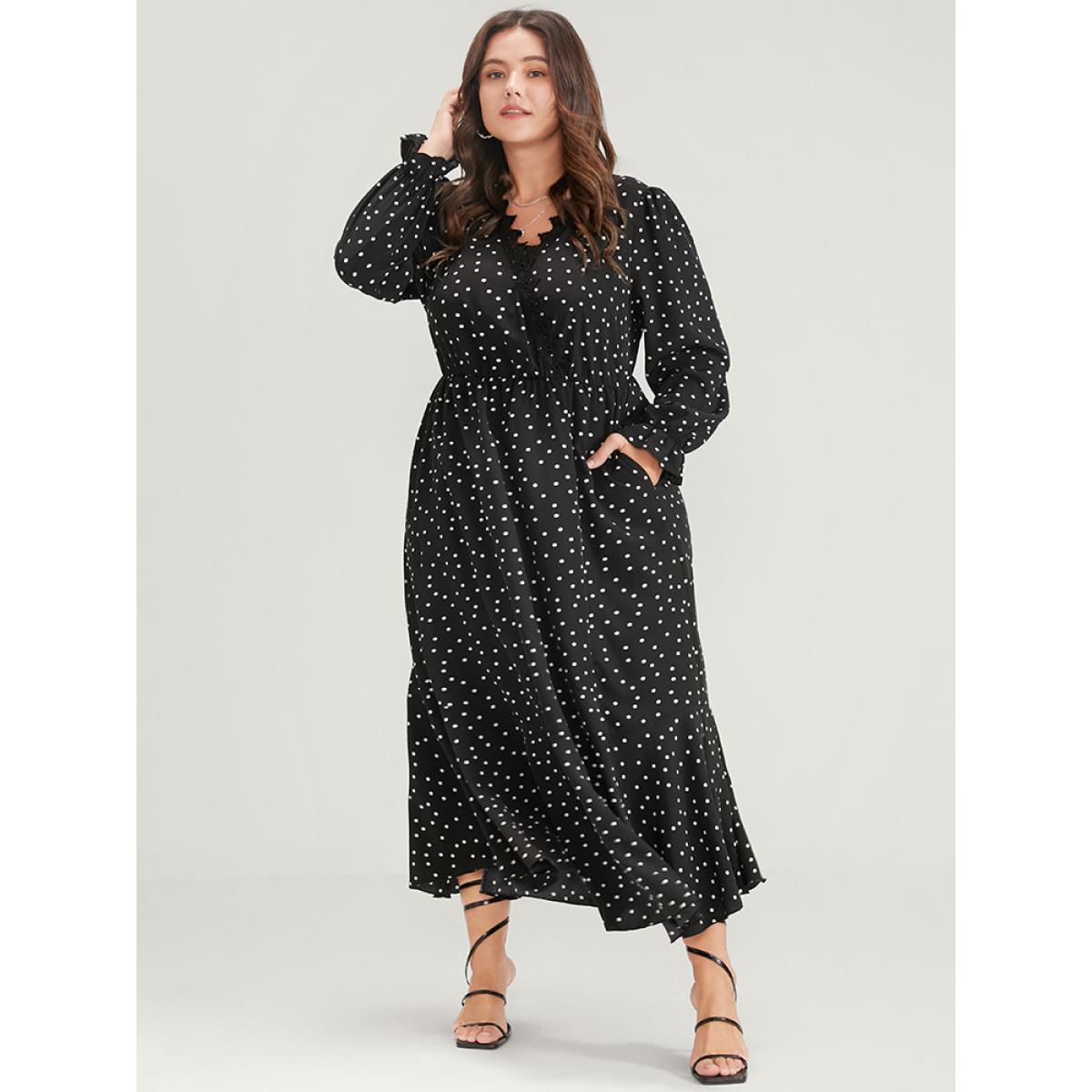 Plus Size Polka Dot Pocket Contrast Lace Split Hem Dress Black Women Elegant Patchwork V-neck Long Sleeve Curvy Long Dress BloomChic 10/M Product Image