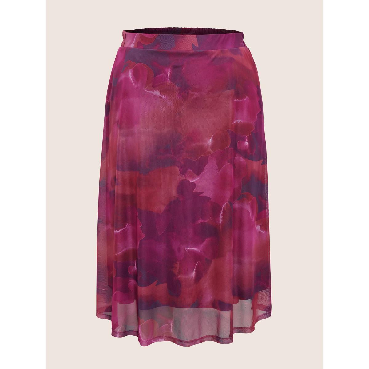 Plus Size Pixel Flower Elastic Waist Patchwork Mesh Skirt Women RedViolet Elegant Non Low stretch Slanted pocket Everyday Skirts BloomChic 12/L Product Image