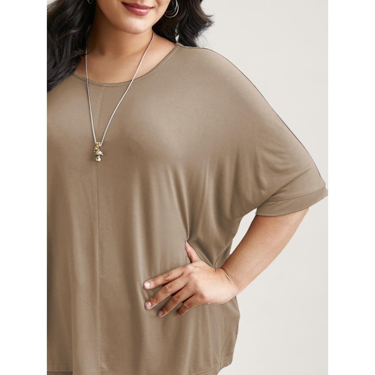 Plus Size Supersoft Round Neck Plain T-Shirt LightBrown Women Casual Non Round Neck Everyday T-shirts BloomChic 14-16/1X Product Image
