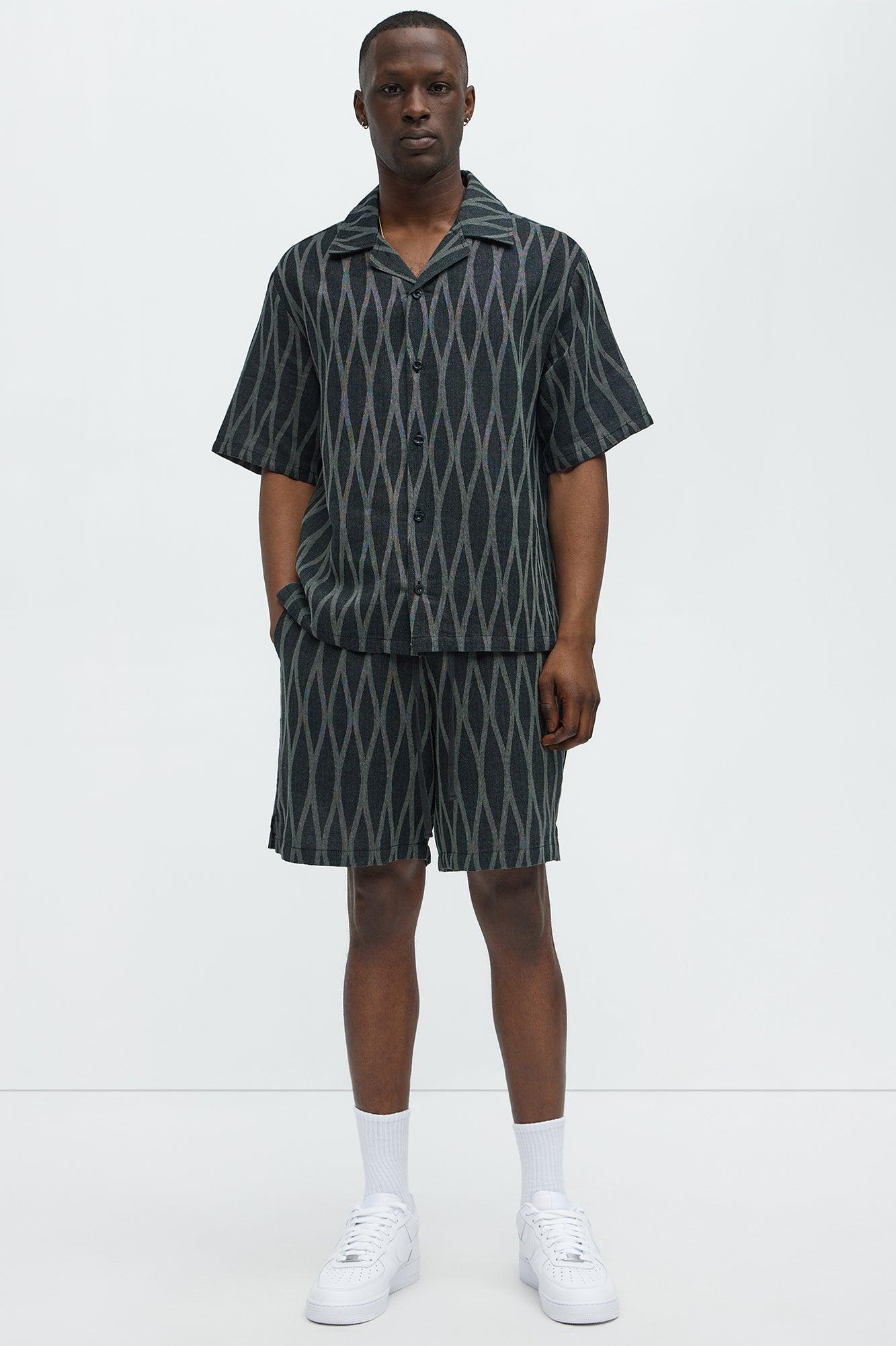 Waved Lines Cuban Collar Button Up Shirt - Black/combo Product Image