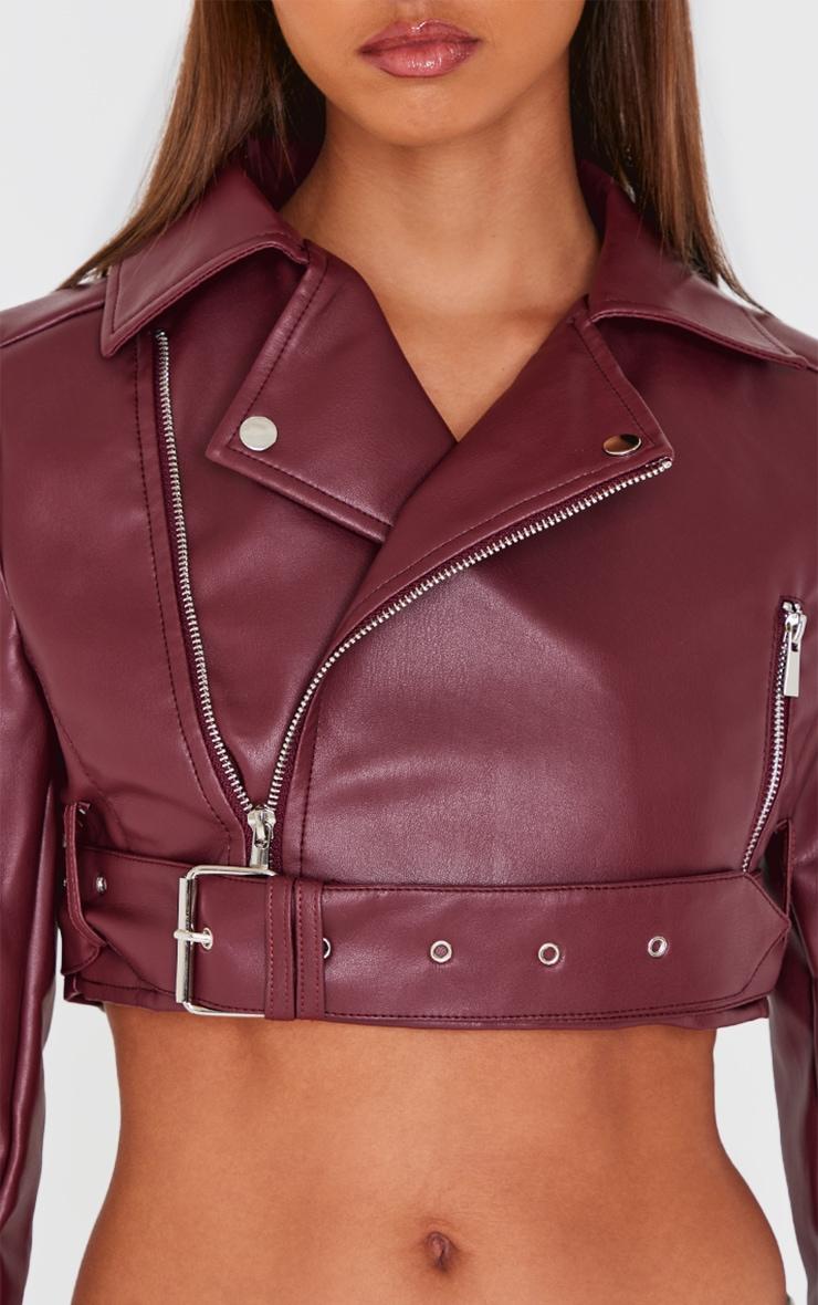 Burgundy Faux Leather Super Cropped Biker Jacket Product Image