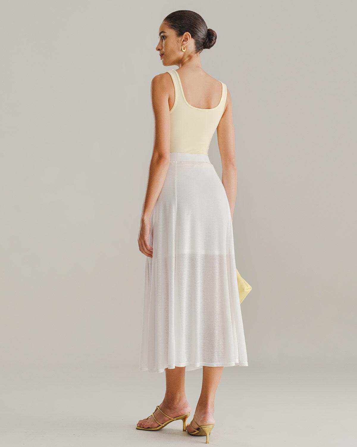 White Elastic Waist Straight Midi Skirt Product Image