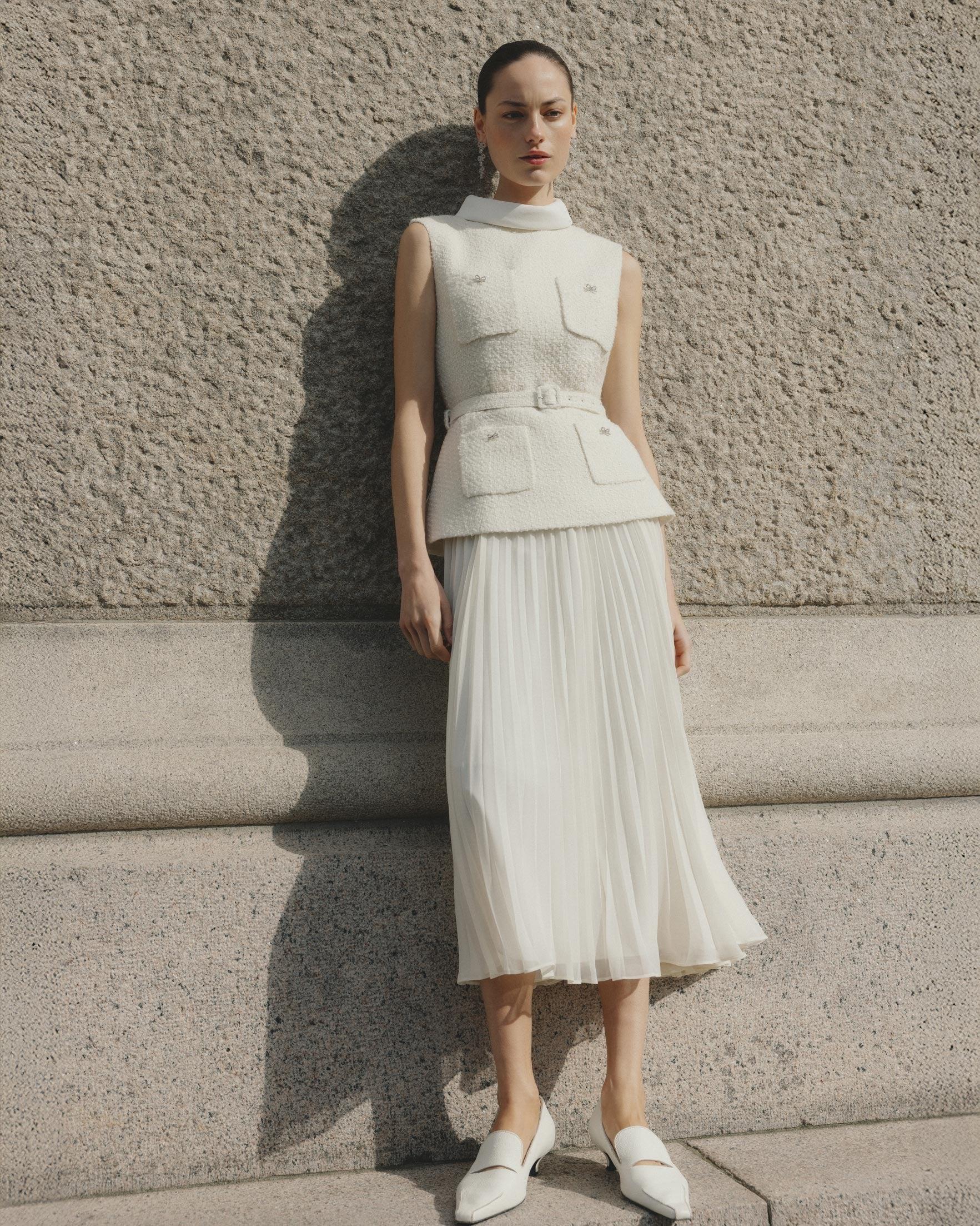 Cream Boucle Sleeveless Midi Dress Product Image