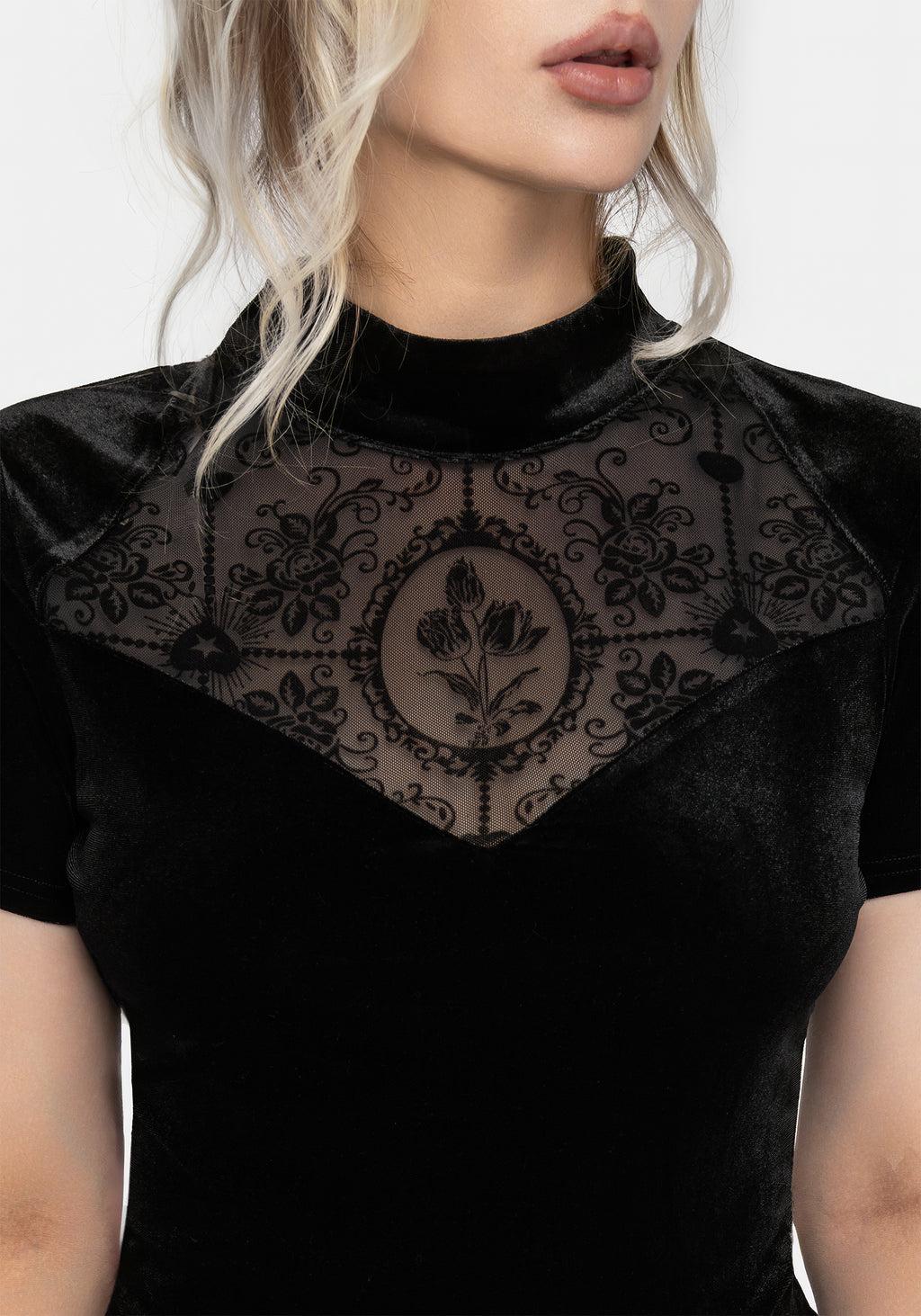 Cameo Floral Flocked Mesh Velour High Neck Top Product Image