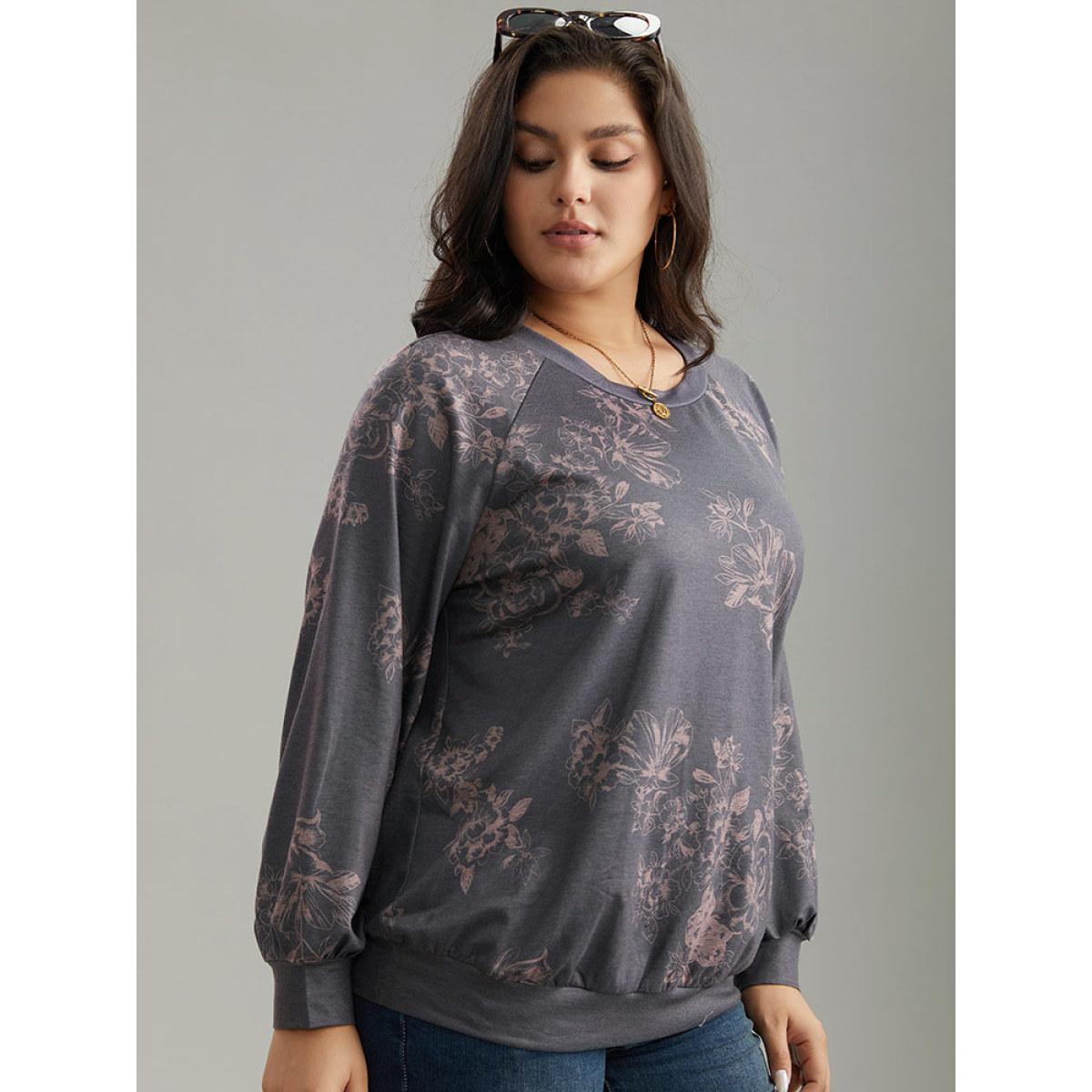 Plus Size Floral Print Round Neck Raglan Sleeve Sweatshirt Women Gray Elegant Heather Round Neck Dailywear Sweatshirts BloomChic 14-16/1X Product Image