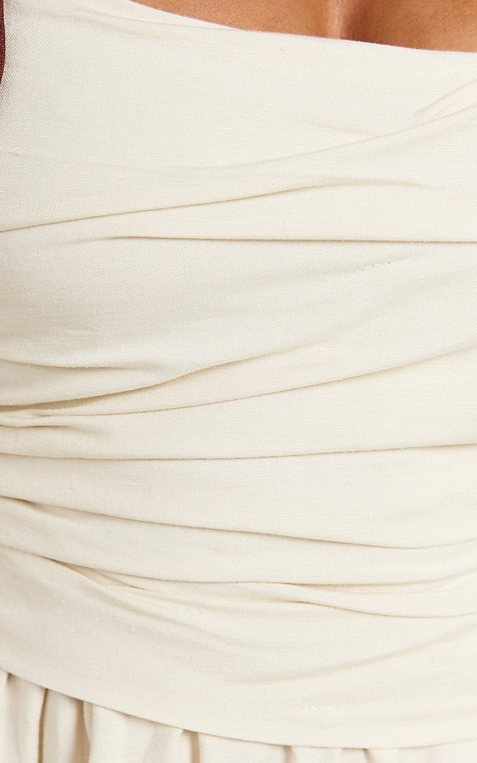 Tommy Mini Dress - Linen Ruched Bodice Laced Back Gathered Skirt Dress in Cream Product Image