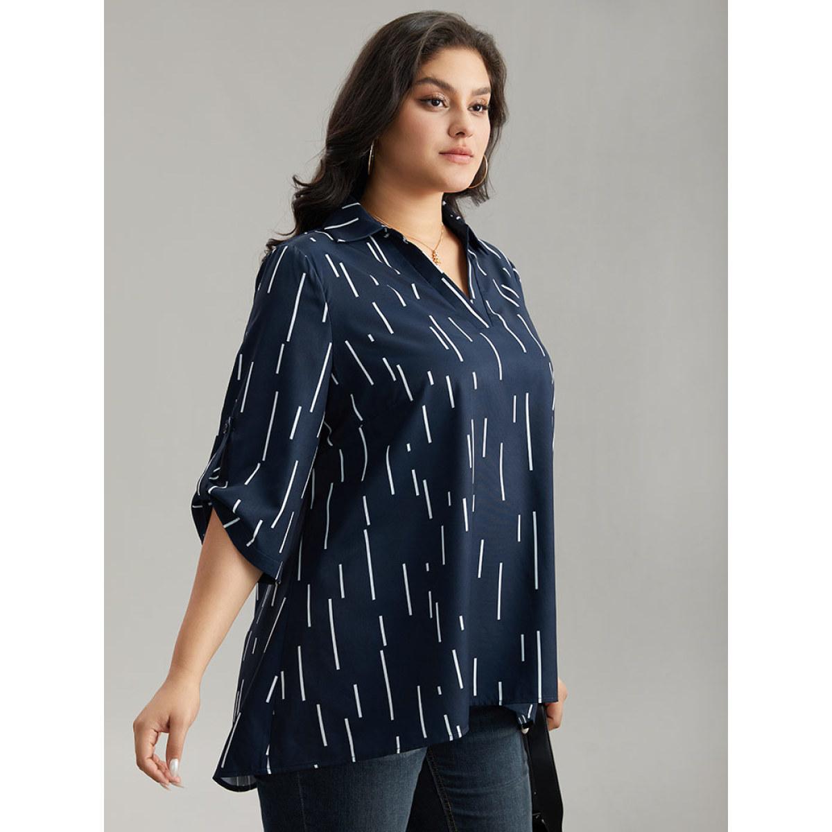 Plus Size Indigo Geometric Shirt Collar Roll Tab Sleeve Blouse Women Office Elbow-length sleeve Shirt collar Office Blouses BloomChic 14-16/1X Product Image