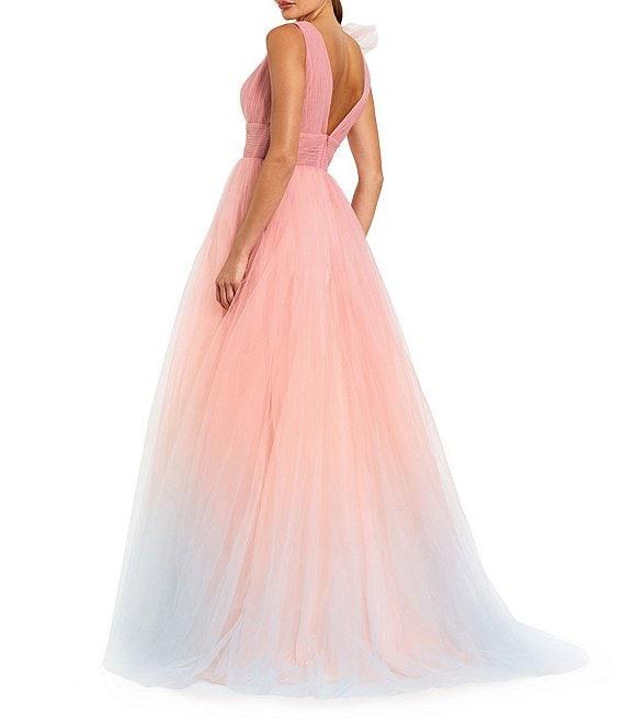 Mac Duggal V-Neck 3D Ruffle Shoulder Ombre Tulle Ballgown Product Image