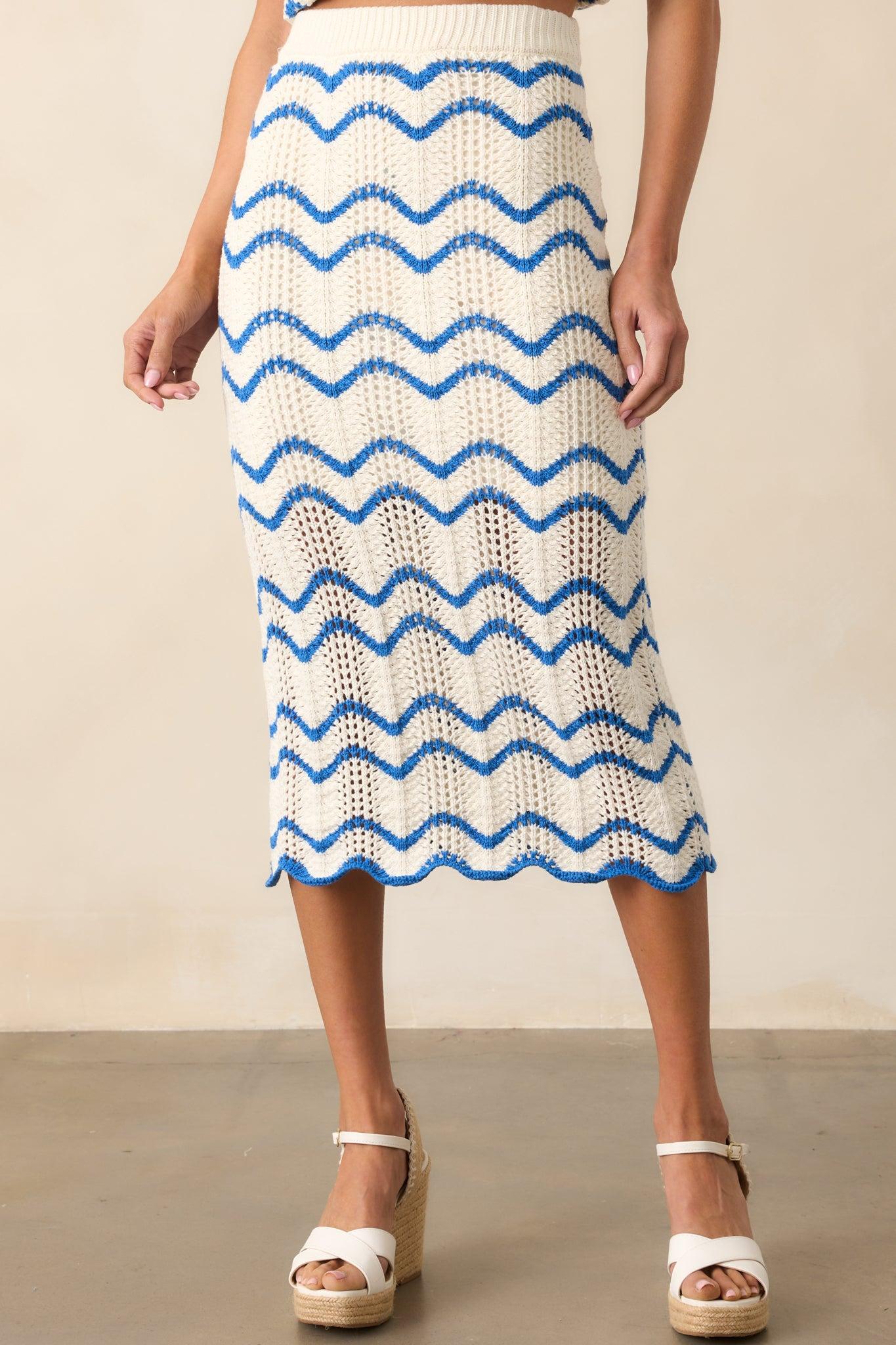 Sea La Vie Blue Stripe Crochet Knit Midi Skirt Product Image