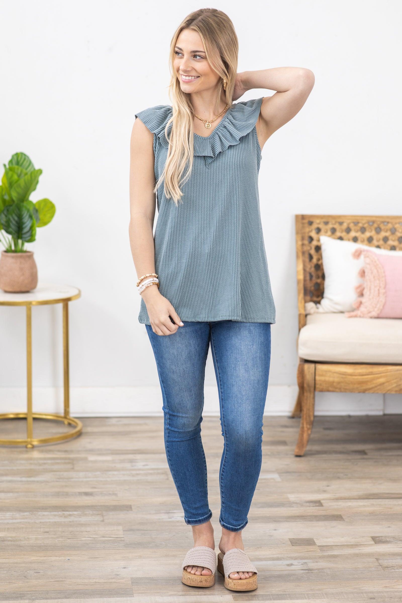 Sage Ruffled V-Neck Ribbed Knit Tank Product Image