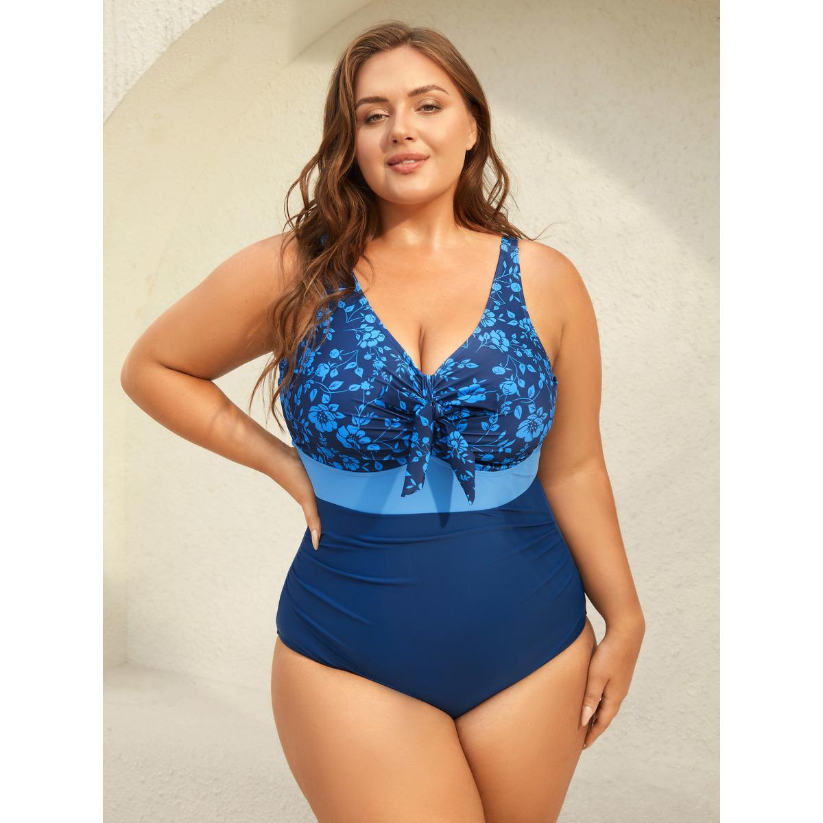 Plus Size Floral Front-Knot One-Piece Swimsuit Women's Swimwear Indigo Beach Gathered Curve Bathing Suits High stretch One Pieces BloomChic 10/M Product Image