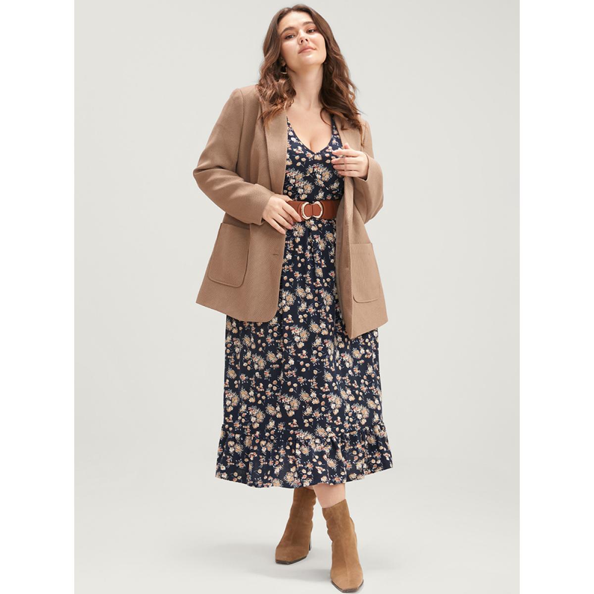 Plus Size Ditsy Floral Pocket Lantern Sleeve Shirred Flutter Dress Indigo Women Elegant Elastic Waist V-neck Long Sleeve Curvy Midi Dress BloomChic 22-24/3X Product Image