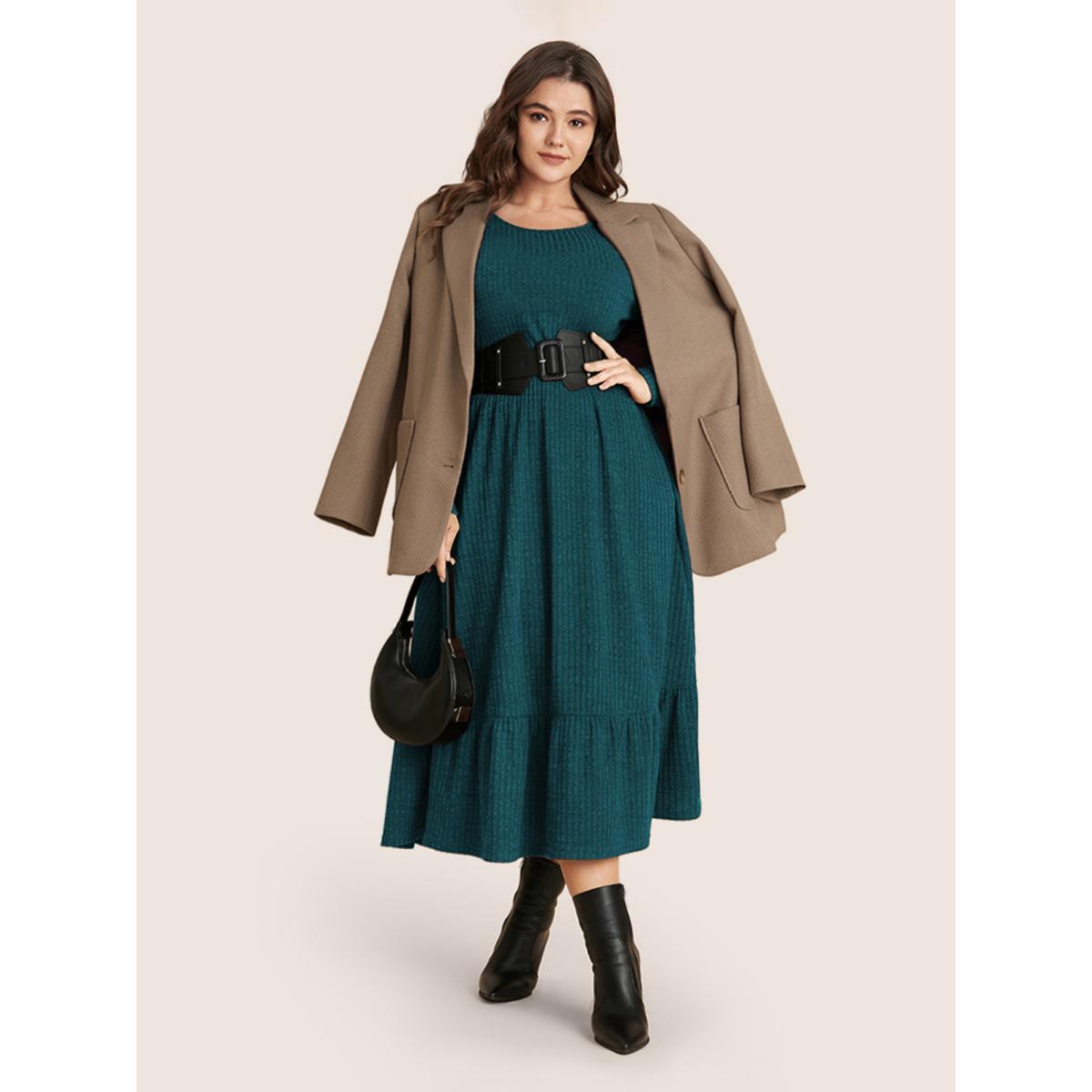 Plus Size Solid Pocket Rib Knit Ruffle Hem Dress Without Belt Aegean Women Leisure Non Round Neck Long Sleeve Curvy Midi Dress BloomChic 12/L Product Image