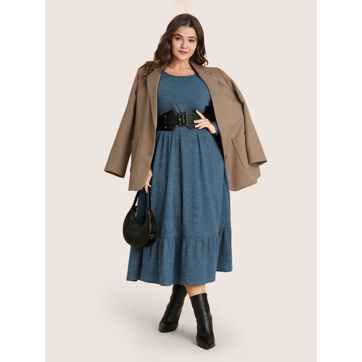 Plus Size Solid Pocket Rib Knit Ruffle Hem Dress Without Belt Coral Women Basics Non Round Neck Long Sleeve Curvy Midi Dress BloomChic 14-16/1X Product Image