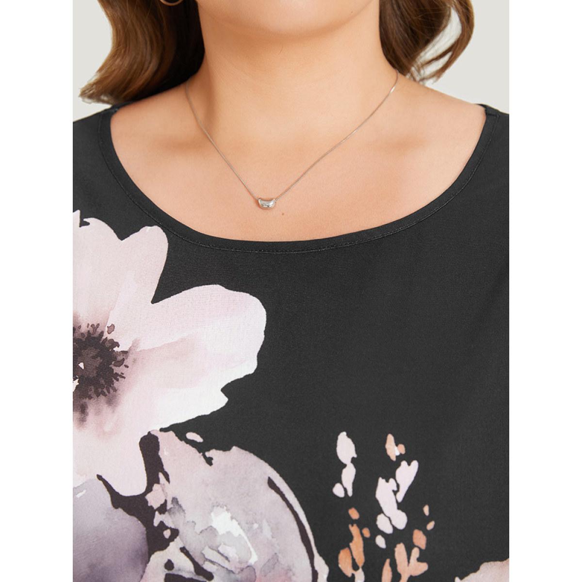 Plus Size Black Floral Print Crew Neck Roll Dolman Sleeve Blouse Women Elegant Short sleeve Round Neck Dailywear Blouses BloomChic 22-24/3X Product Image