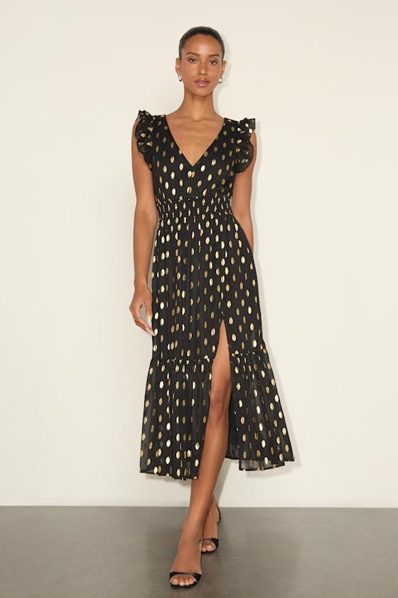 Cause to Celebrate Black and Gold Dot Ruffled Tiered Midi Dress Product Image