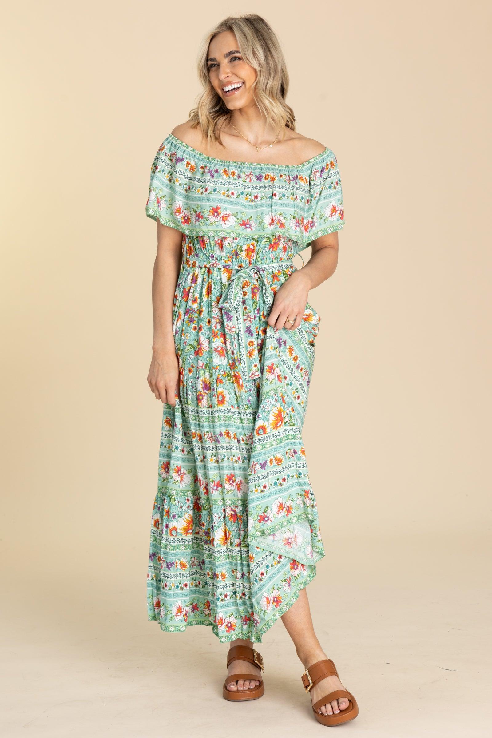 Mint Boho Off The Shoulder Maxi Dress Product Image