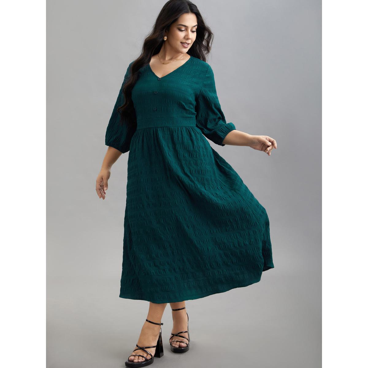 Plus Size Textured Waist-Defined Button Midi Dress Emerald Women Elegant Texture V-neck Elbow-length sleeve Curvy BloomChic 18-20/2X Product Image