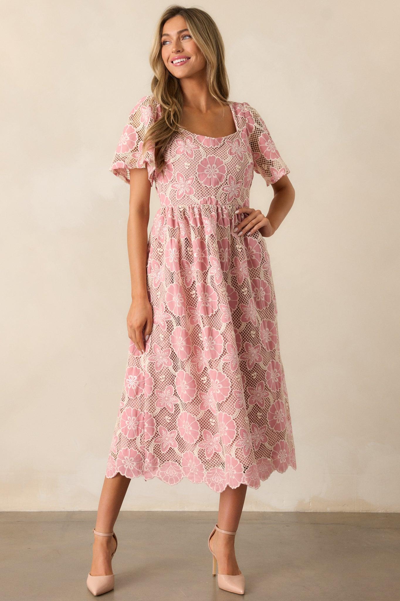The Sweetest Rose Pink Embroidered Floral Midi Dress Product Image