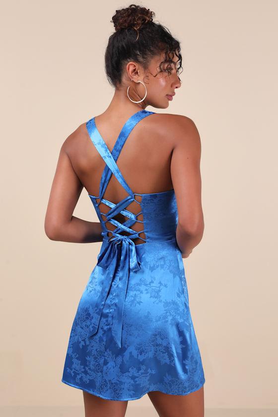 Exquisite Outlook Blue Floral Jacquard Satin Lace-Up Mini Dress Product Image