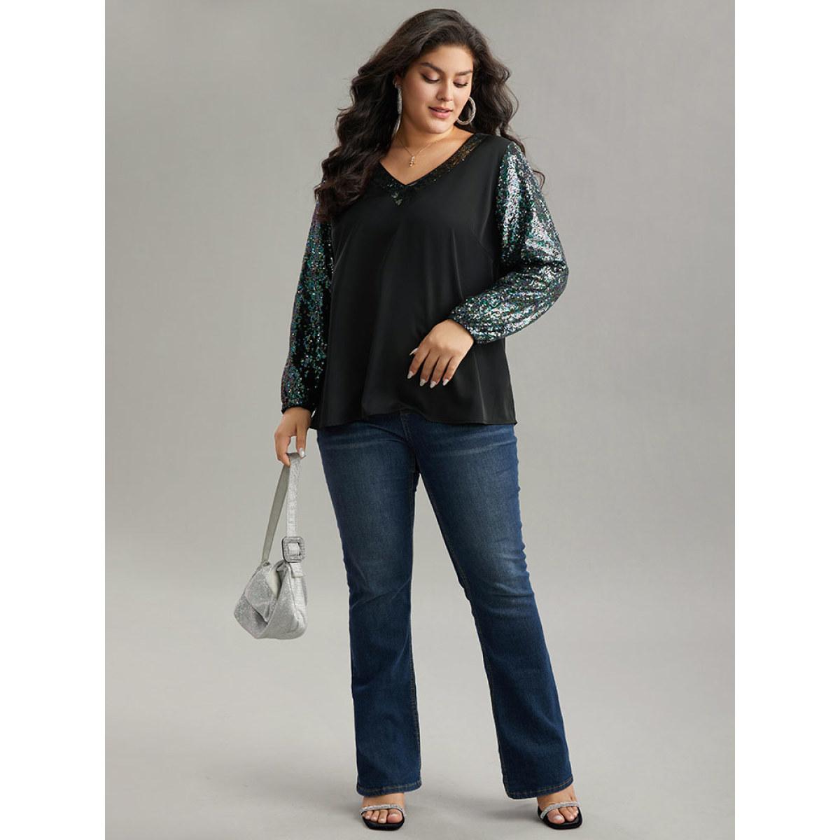 Plus Size Black Sequin Patchwork V Neck Blouse Women Glamour Long Sleeve V-neck Going out Blouses BloomChic 10/M Product Image