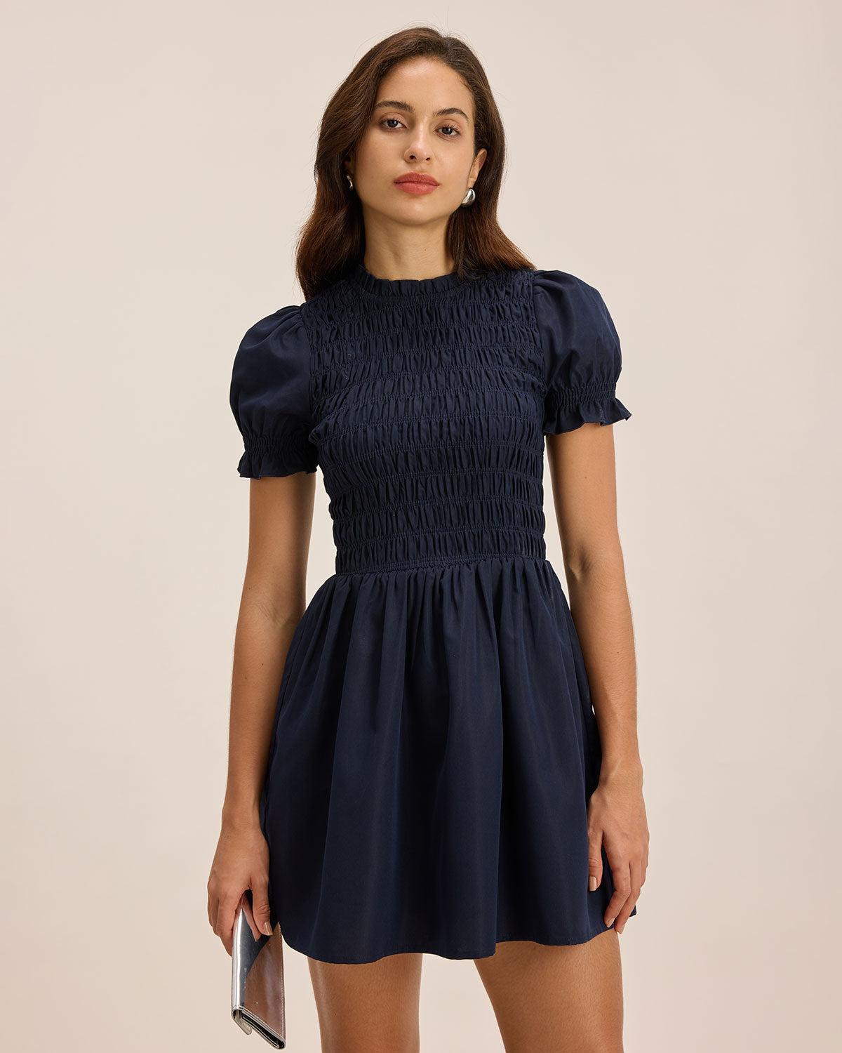 Blue Shirred Puffed Sleeve Mini Dress Product Image