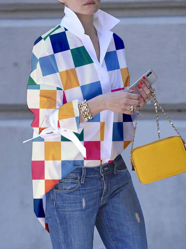 Long Sleeves Loose Buttoned Contrast Color Plaid Tied Stand Collar Blouses&Shirts Tops Product Image