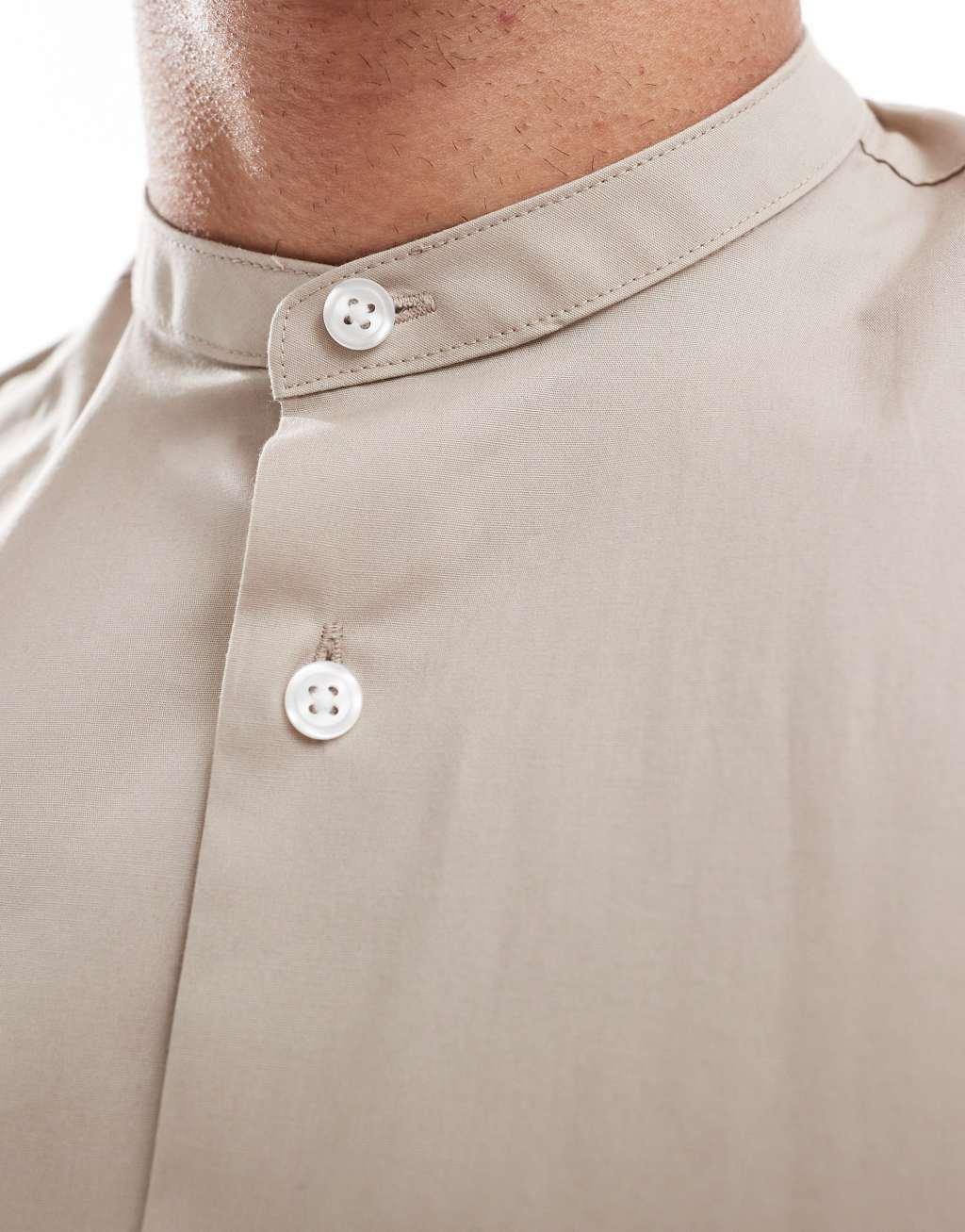 ASOS DESIGN band collar formal regular shirt in dark stone Product Image