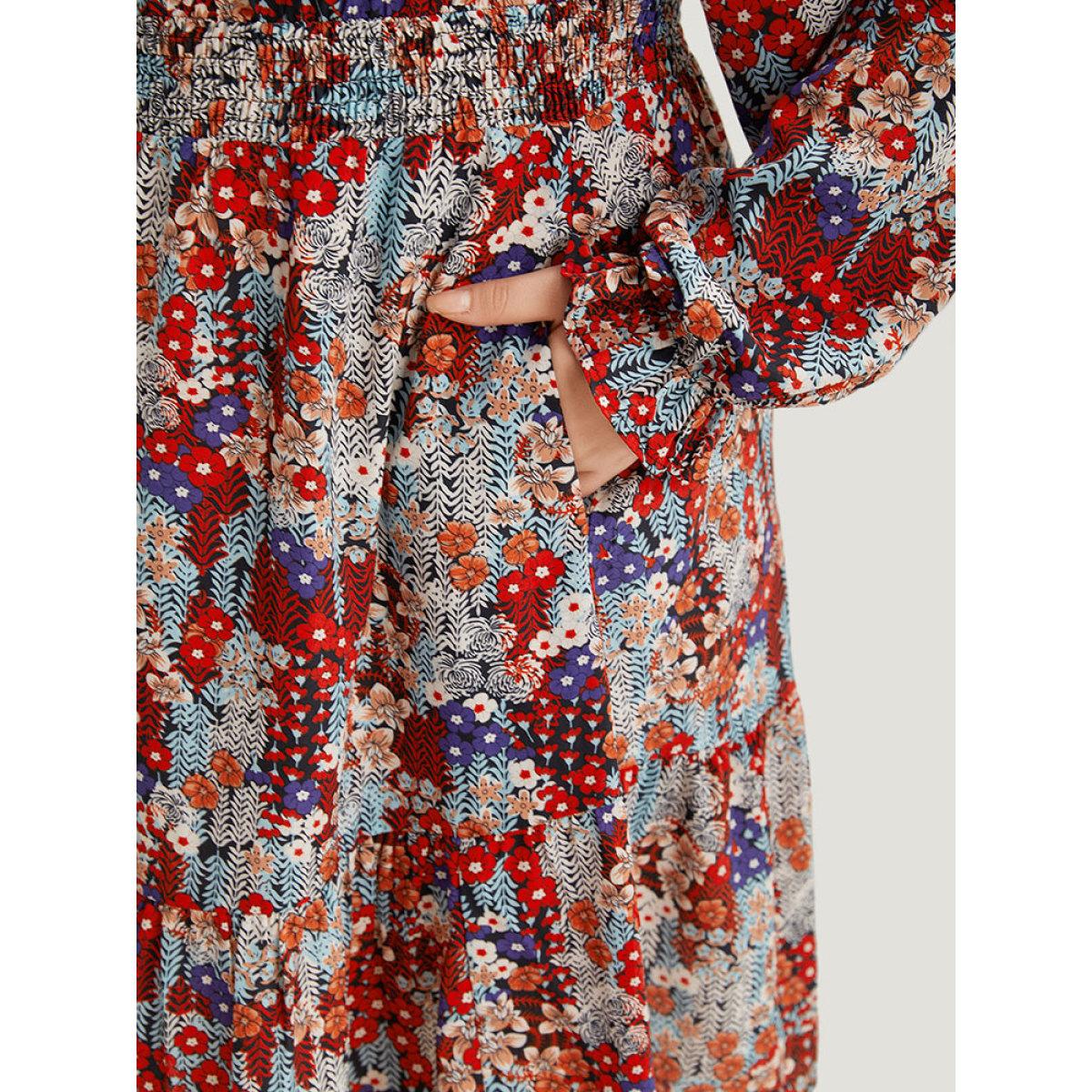 Plus Size Floral Print Shirred Square Neck Ruffle Dress Multicolor Women Elegant Elastic cuffs Square Neck Long Sleeve Curvy Midi Dress BloomChic 10/M Product Image