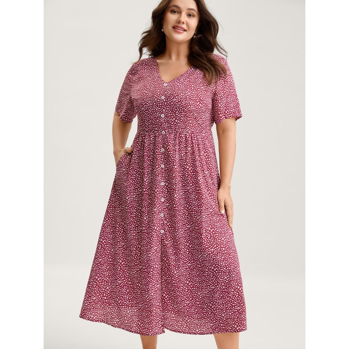 Plus Size Polka Dots Button Front Midi Dress Crimson Women Timeless Button V-neck Short sleeve Curvy BloomChic 26/4X Product Image