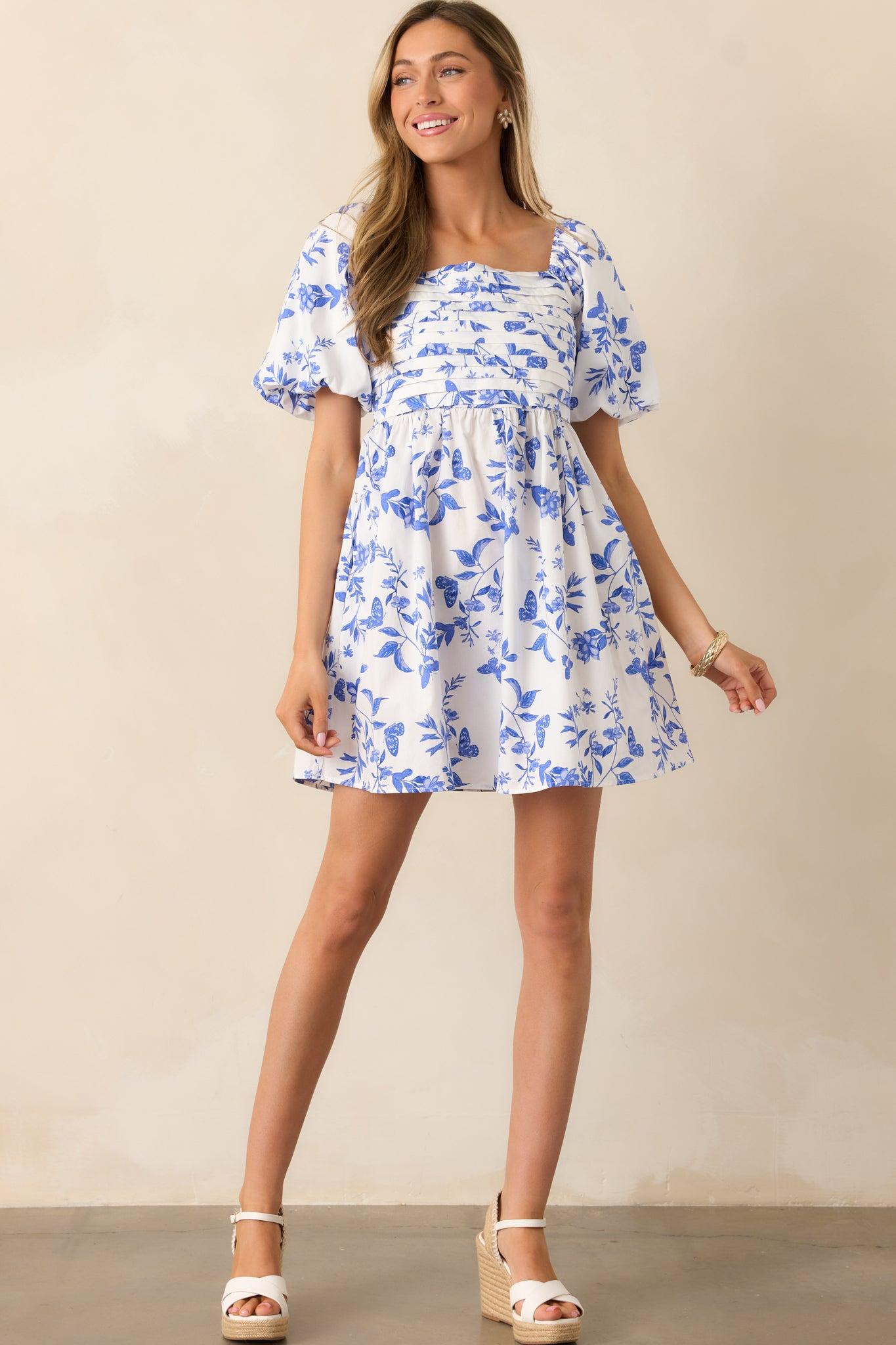 Meadow Stroll Cotton Blue Puff Sleeve Mini Dress Product Image