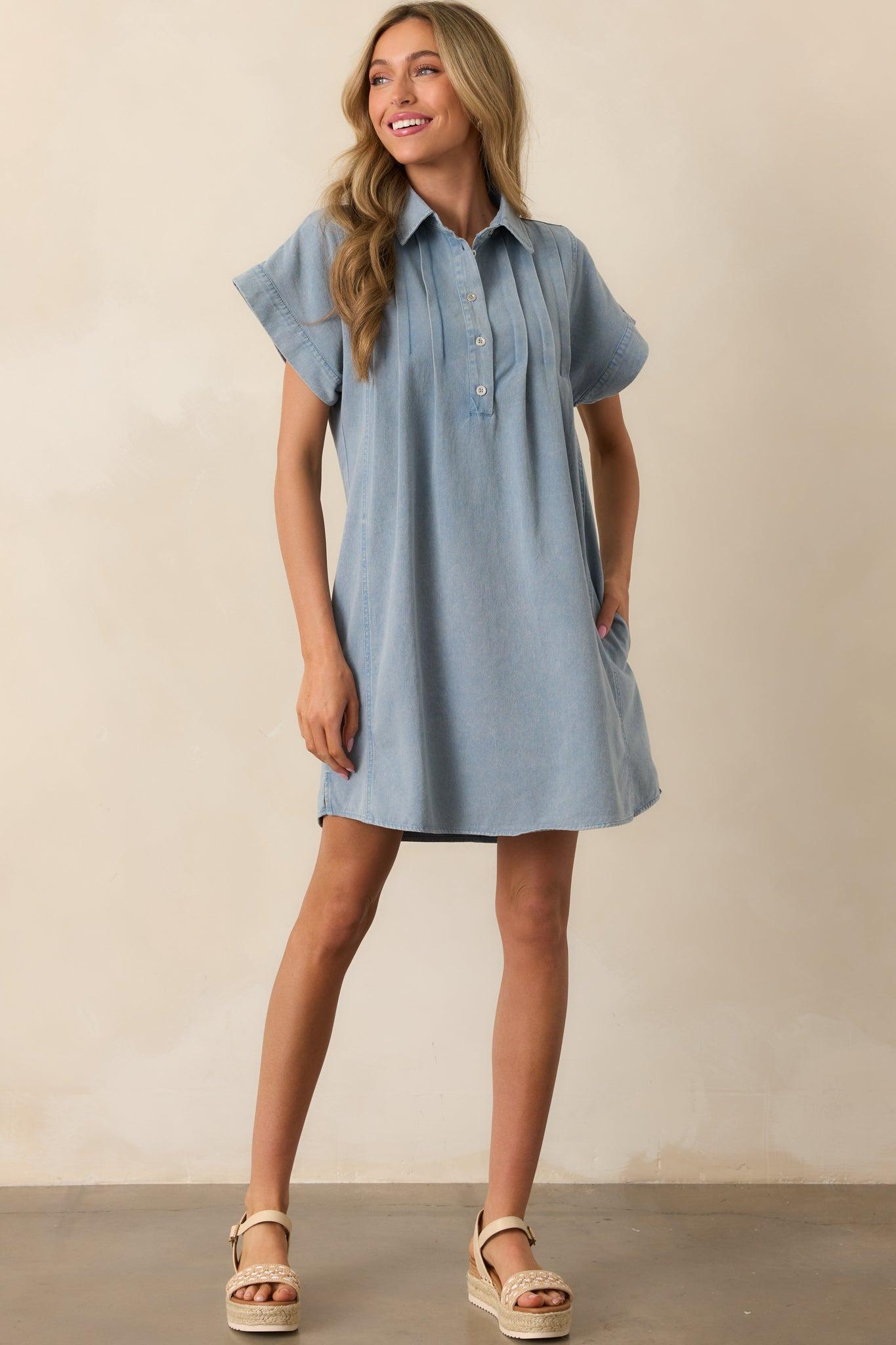Perfect Afternoon Light Wash Short Sleeve Denim Mini Dress Product Image