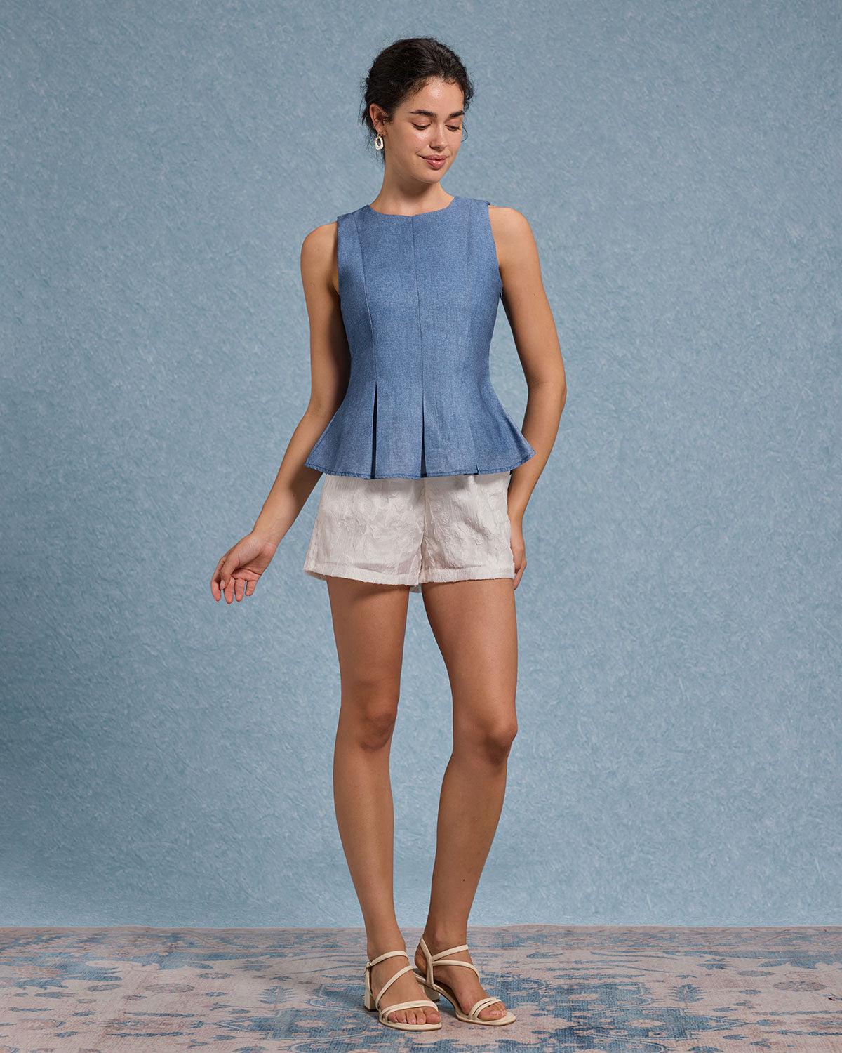 Blue Round Neck Ruched Tank Top Product Image