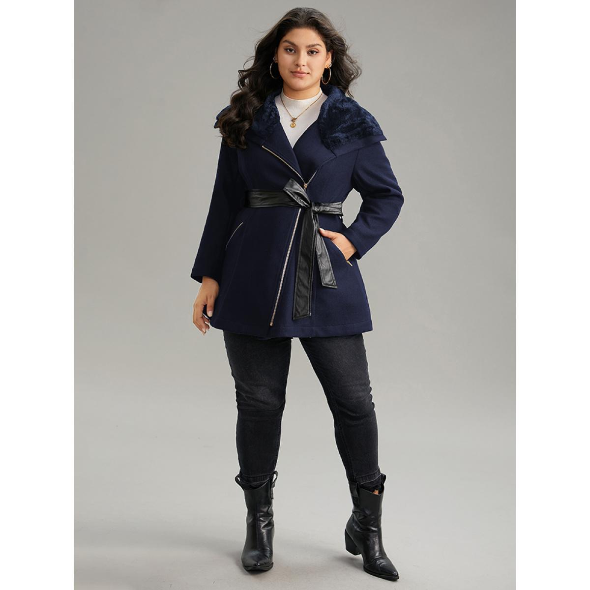 Plus Size Solid Zipper Belted PU Leather Knot Fuzzy Trim Coat Women Indigo Casual Plain Ladies Dailywear Winter Coats BloomChic 22-24/3X Product Image