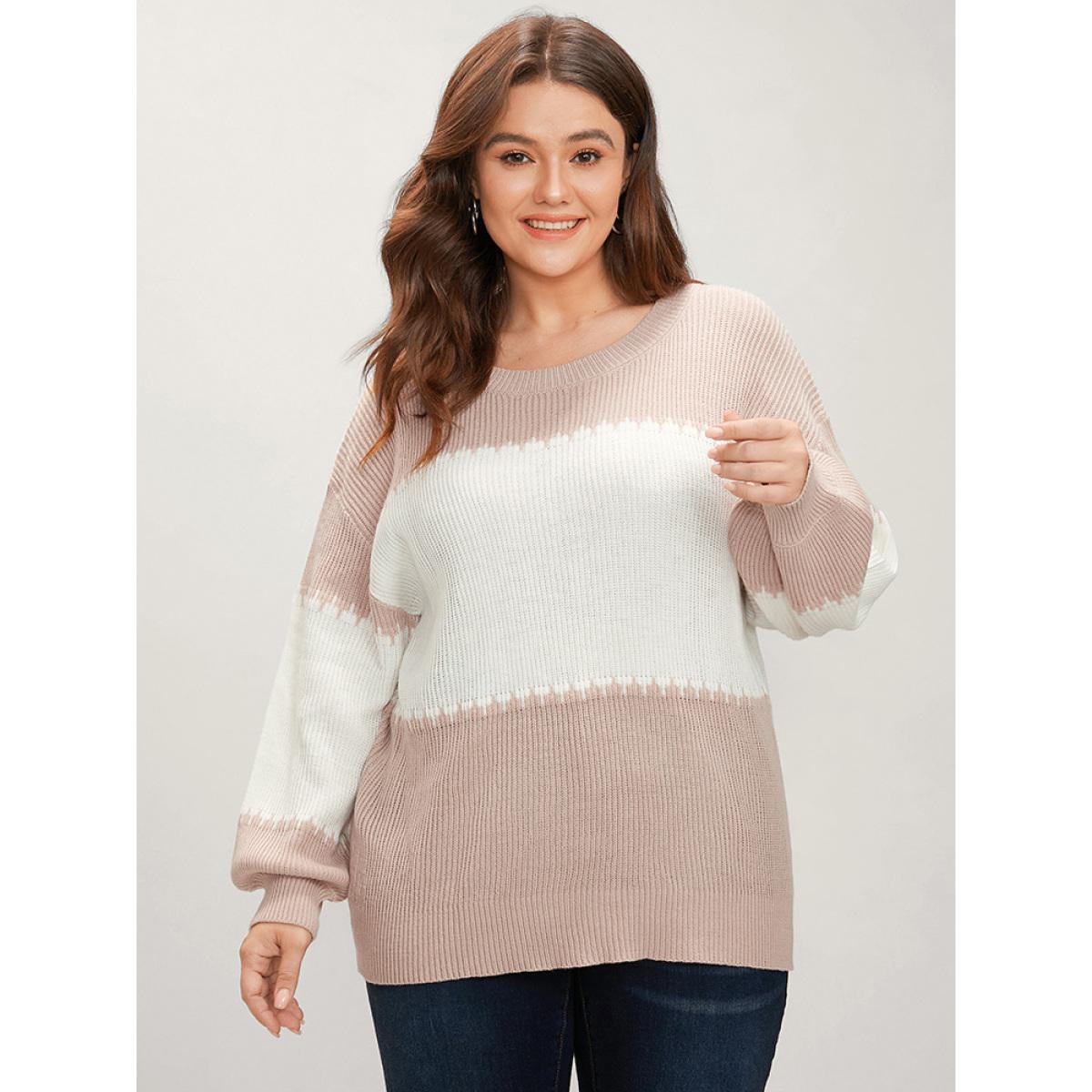 Plus Size Colorblock Contrast Pointelle Knit Lantern Sleeve Round Neck Knit Top DustyPink Women Casual Loose Long Sleeve Round Neck Dailywear Pullovers BloomChic 30/6X Product Image
