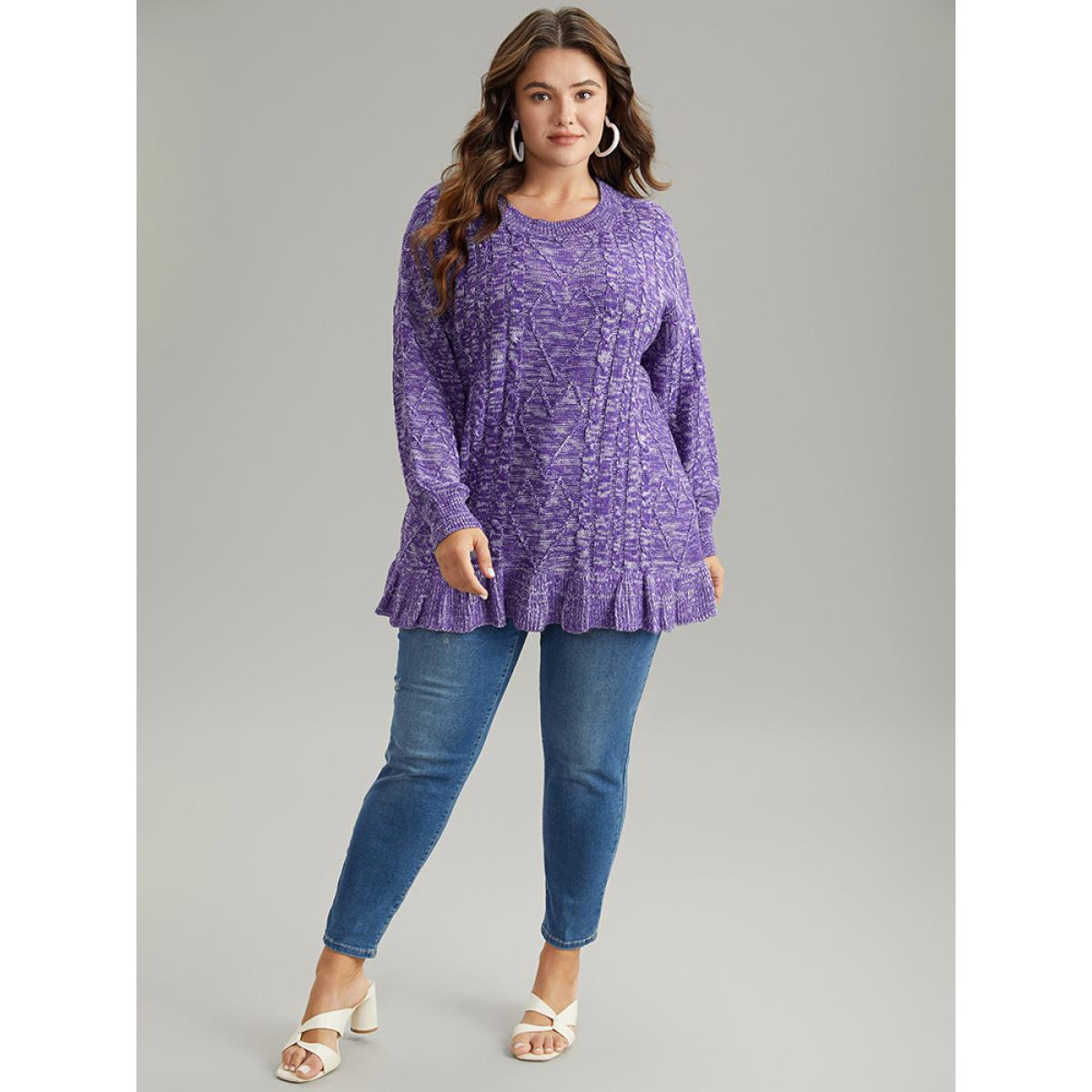Plus Size Heather Flutter Hem Cable Knit Pullover BlueViolet Women Casual Loose Long Sleeve Round Neck Dailywear Pullovers BloomChic 12/L Product Image