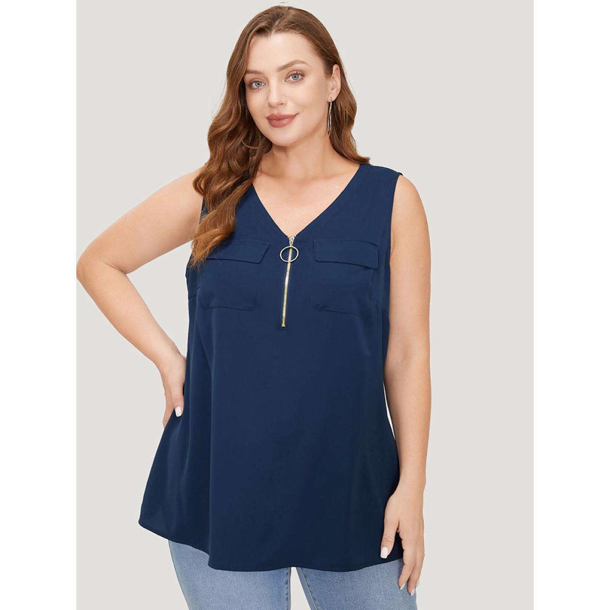 Plus Size Solid Half Zipper Flap Detail Tank Top Women Indigo Casual Zipper V-neck Dailywear Tank Tops Camis BloomChic 18-20/2X Product Image