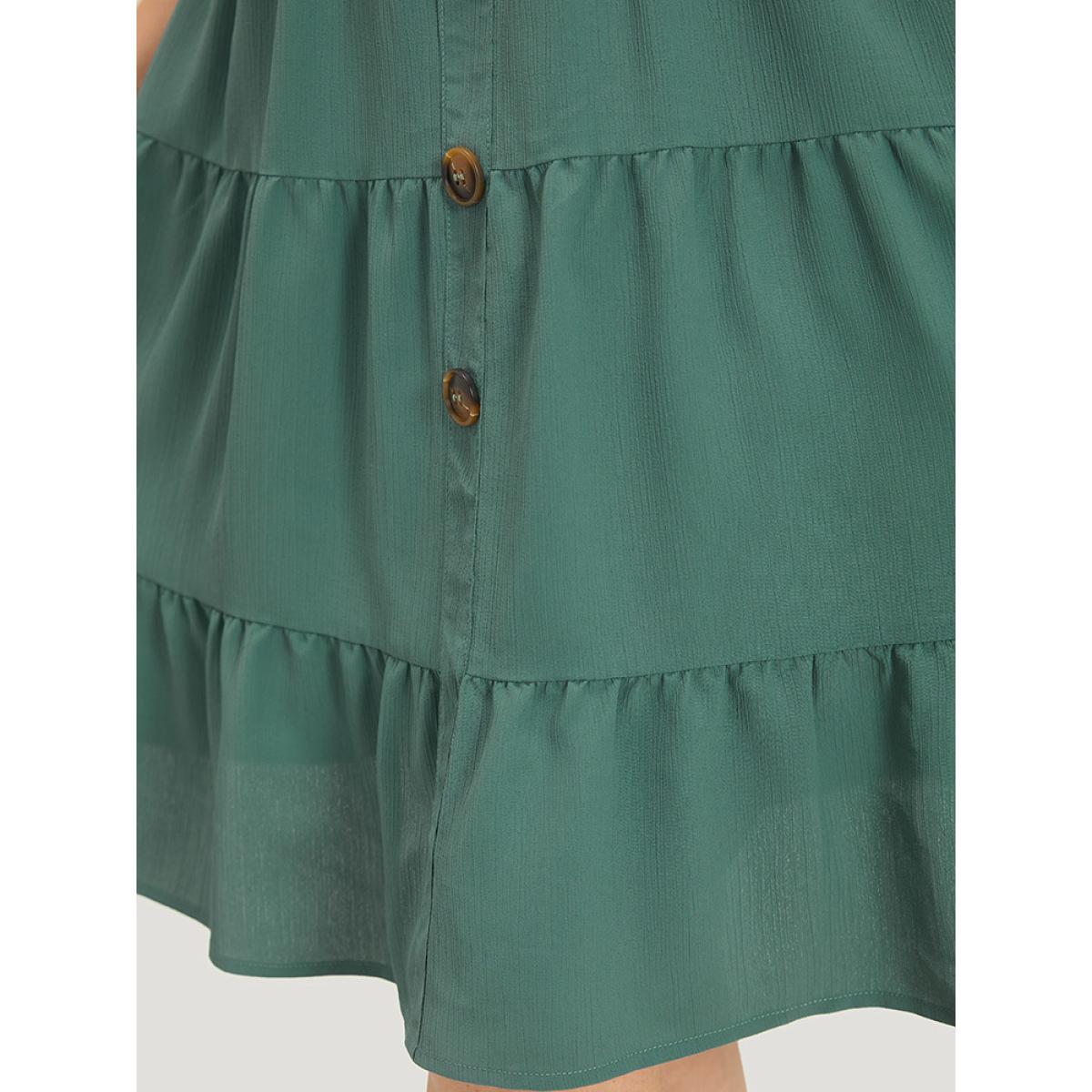 Plus Size Plain Button Detail Ruffle Layered Hem Gathered Tank Dress Teal Women Elegant Patchwork V-neck Sleeveless Curvy Knee Dress BloomChic 14-16/1X Product Image