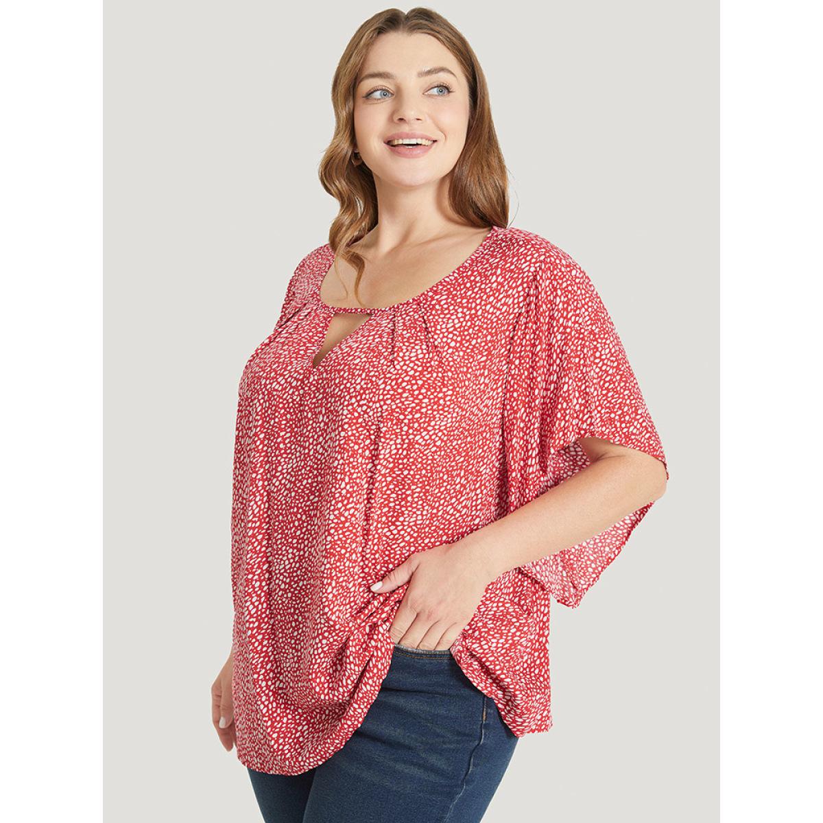 Plus Size Scarlet Polka Dot Ruffle Sleeve Keyhole Neck Blouse Women Elegant Short sleeve Round Neck Dailywear Blouses BloomChic 14-16/1X Product Image