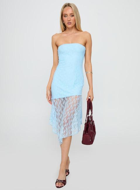 Nonchalant Strapless Lace Midi Dress Blue Product Image