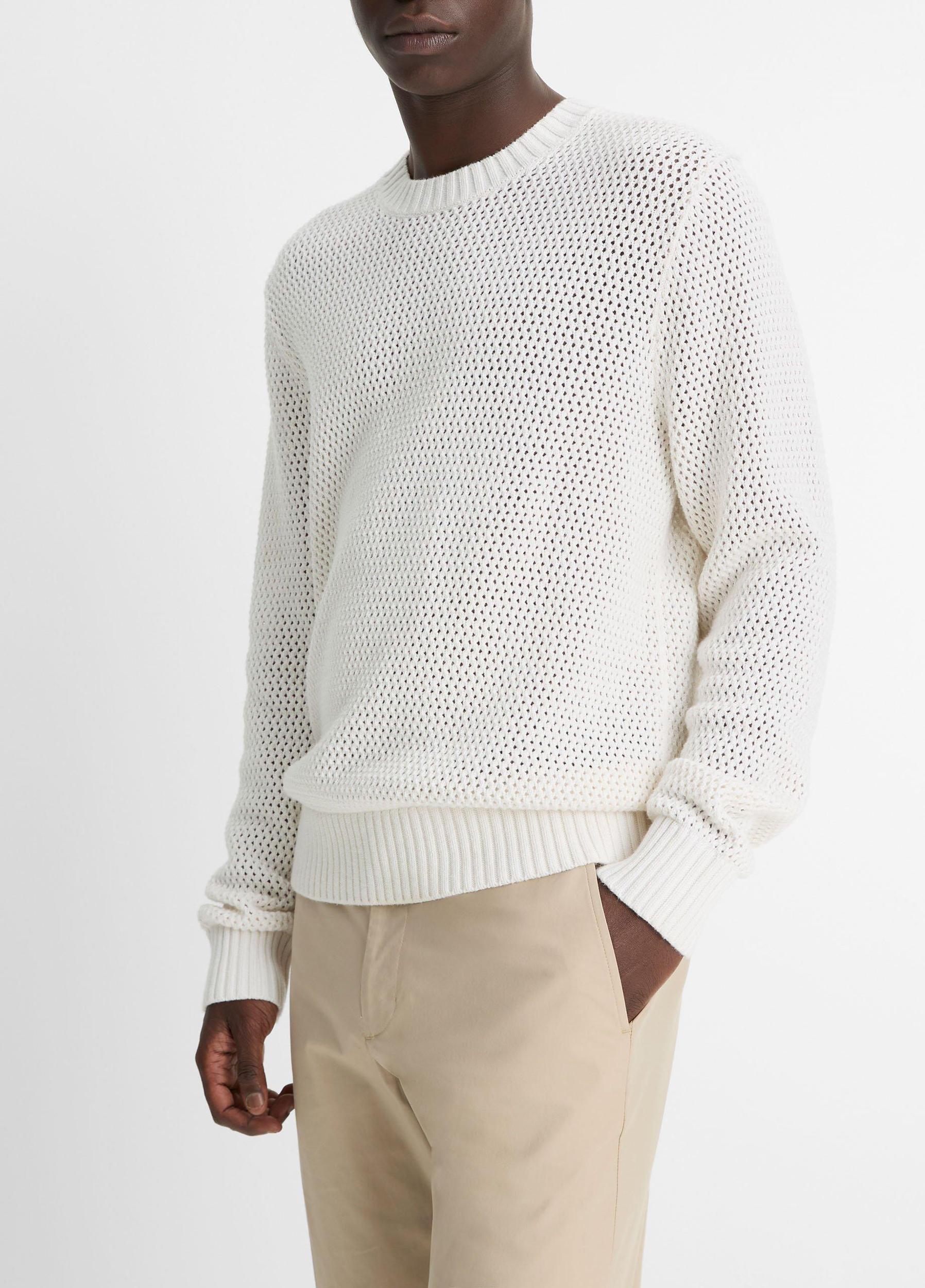 Mesh-Stitch Cotton-Cashmere Crew Neck Sweater Product Image
