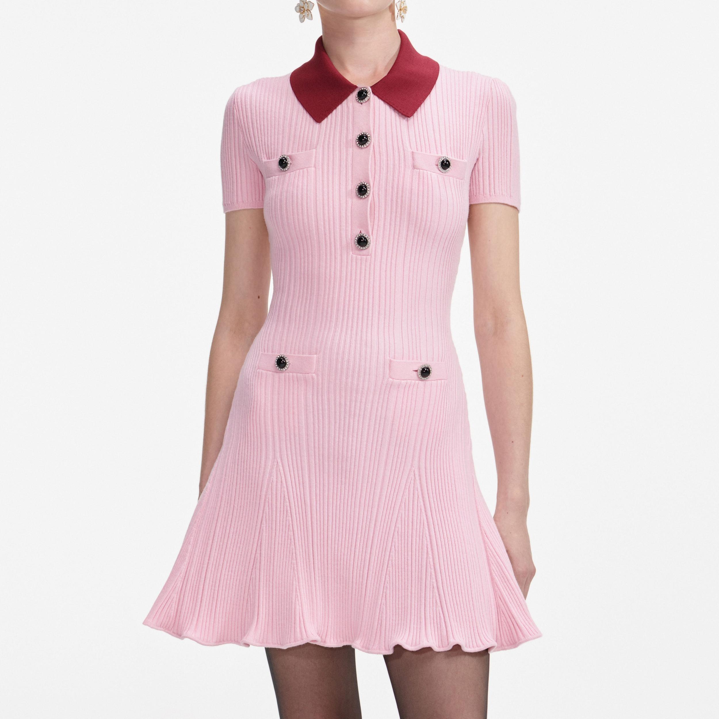 Pink Contrast Collar Knit Mini Dress Product Image