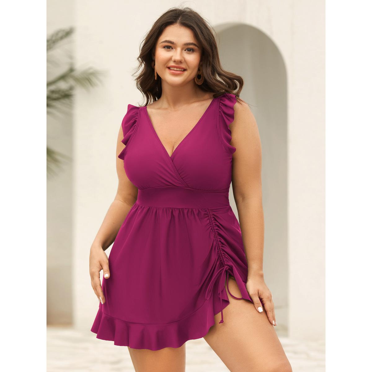Plus Size Ruffled Hem Flutter Sleeve Drawstring Swim Dress Women's Swimwear Aegean Resort Bodycon Overlap Collar High stretch Curve Swim Dresses BloomChic 18-20/2X Product Image