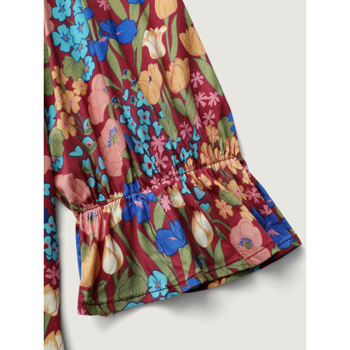 Plus Size Burgundy Floral Print Contrast Webbing Notched Neckline Blouse Women Playful Long Sleeve Flat collar with V-notch Casual Blouses BloomChic 22-24/3X Product Image